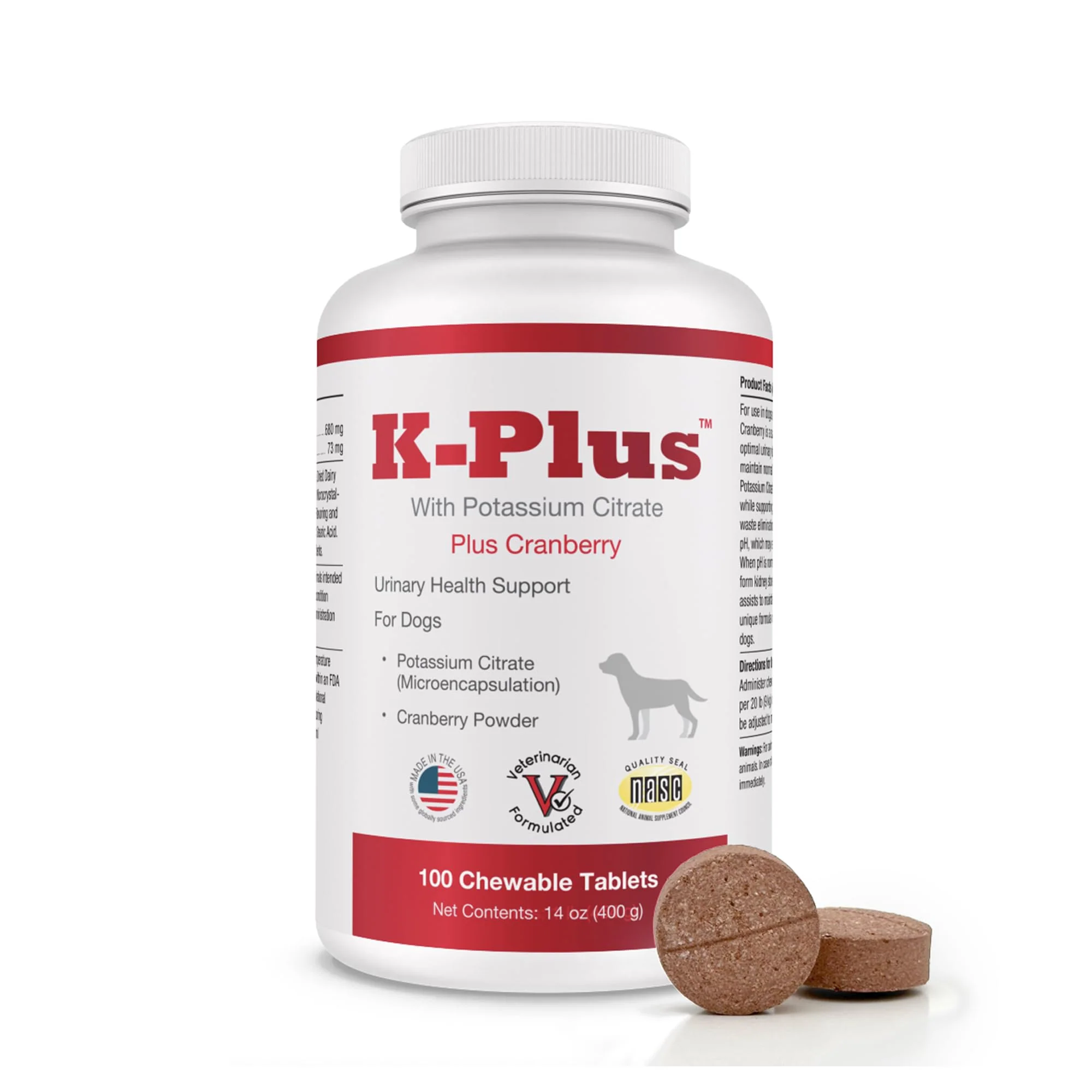 Reusable K-Plus Potassium Citrate Plus Cranberry for Dogs – UTI Support Chewable Tablets 100 Tabs Pet Health Solutions Green