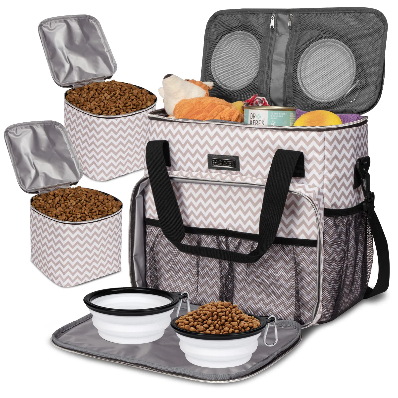 Artisan BAGLHER Dog Travel Bag – All-in-One Pet Travel Kit with Food Containers Collapsible Bowls Breathable