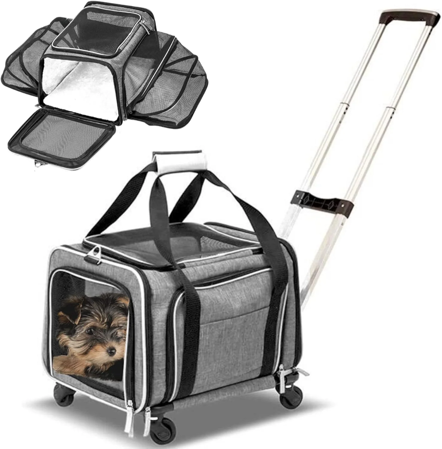 Environmentally Friendly Airline Expandable Premium Pet Carrier on Wheels- Two Sided Expandable Rolling Carrier- Designed for Dogs Cats- Extra Spacious Soft Lined Carrier Grey Advanced