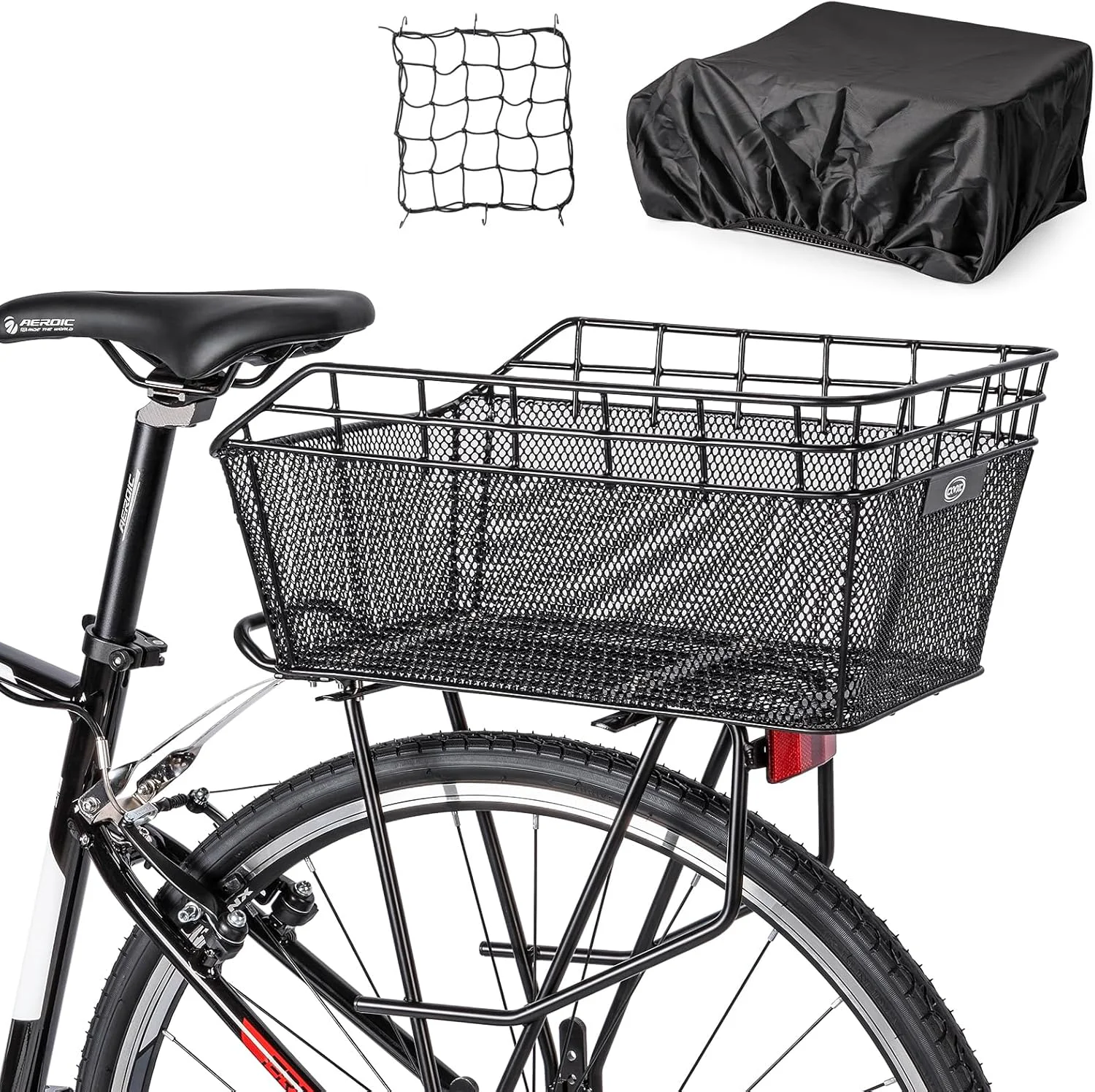 Natural Rear Bike Basket - Large Bicycle Rear Basket with Cargo Net and Waterproof Cover Wire Bike Baskets Rear Large Capacity NO Bike Rack Include Outstanding