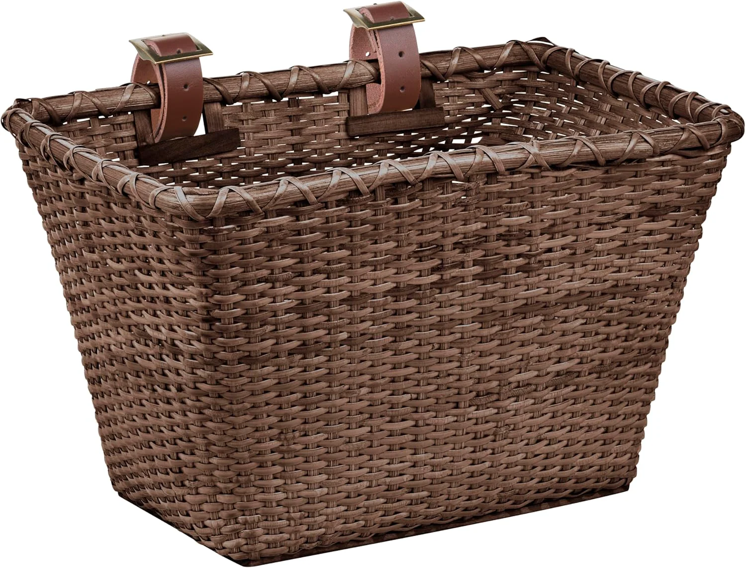 Organic Retrospec Bicycles Cane Woven Rectangular Toto Basket with Leather Straps and Brass Buckles Traditional
