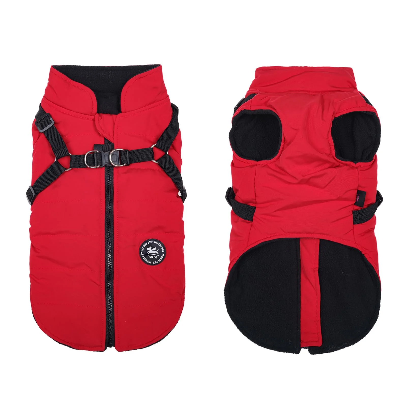 Lightweight Norbi Dog Winter Jacket with Built-in Harness — Waterproof Windproof Coat Red L Clean