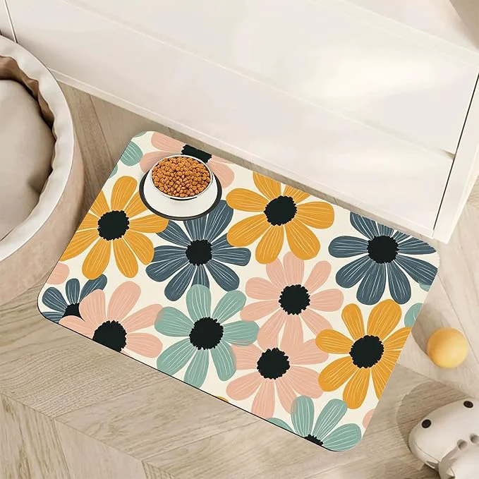 Relaxed Abstract Daisy Flower Dog Food Mat Reusable