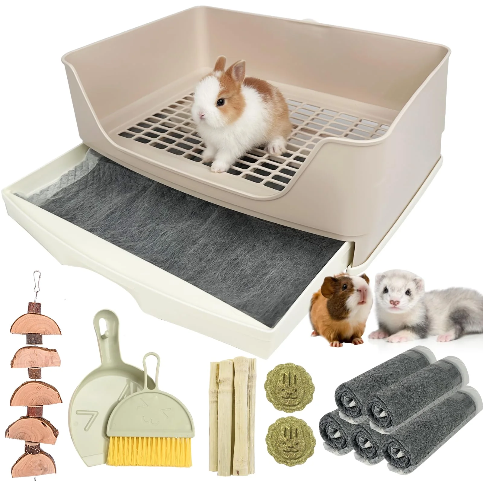 High-Grade RUBYHOME Oversize Rabbit Litter Box with Drawer – Corner Pan for Small Animals 16.9-inch White Safe