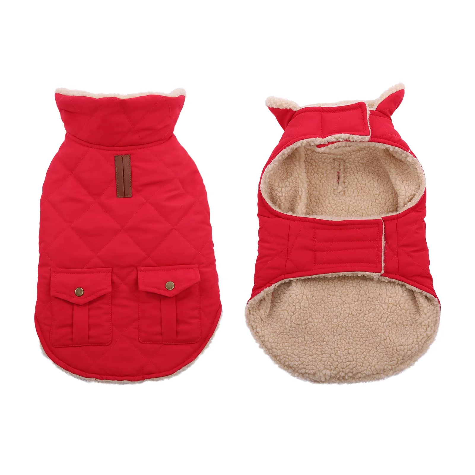 Fashionable Queenmore Warm Coat for Cold Weather - Quilted Winter Dog Jacket with Plush Lining Back Pockets Red X-Small Safe