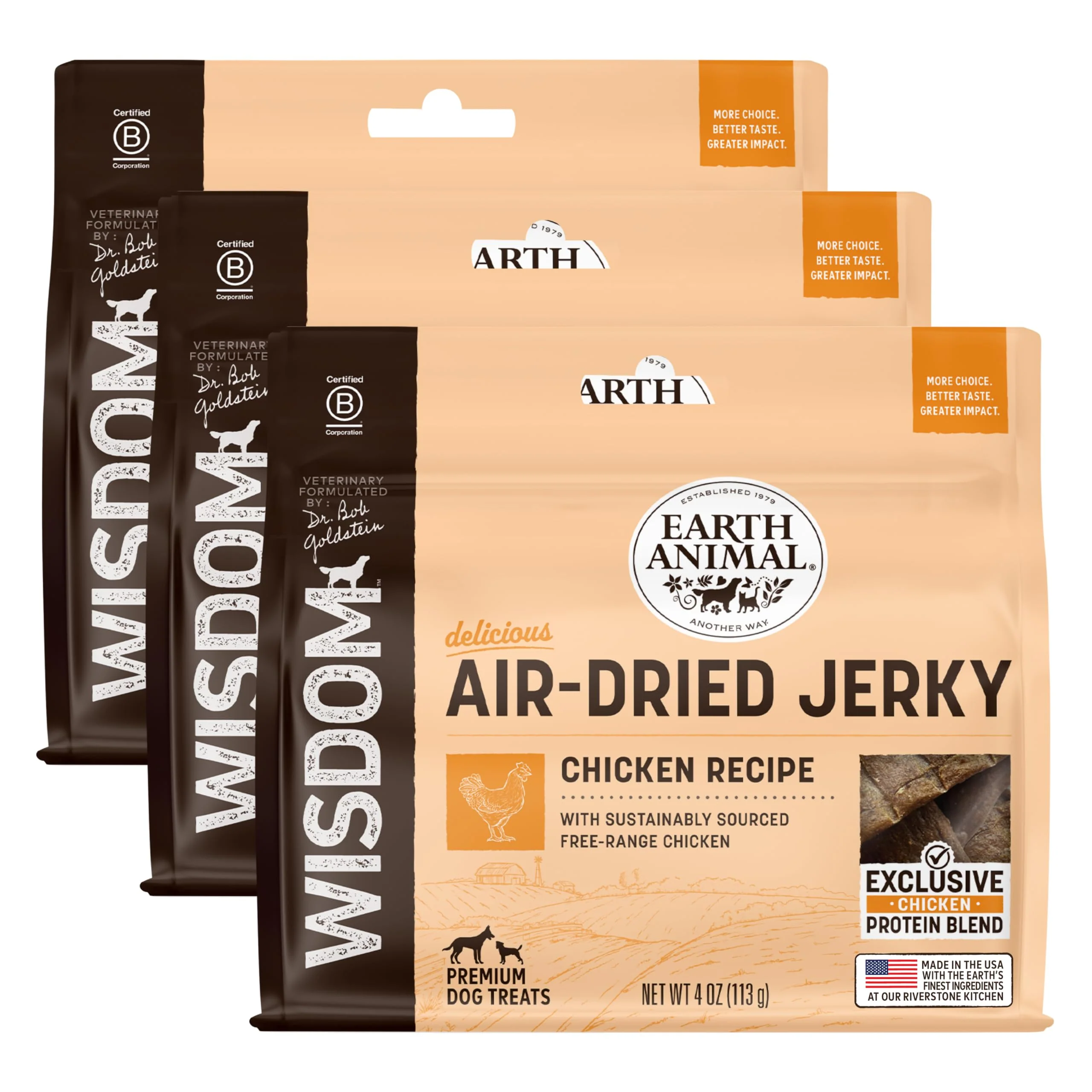 Crafted Earth Animal Wisdom Air Dried Jerky Chicken Recipe 3-Pack Dog Treats Stylish