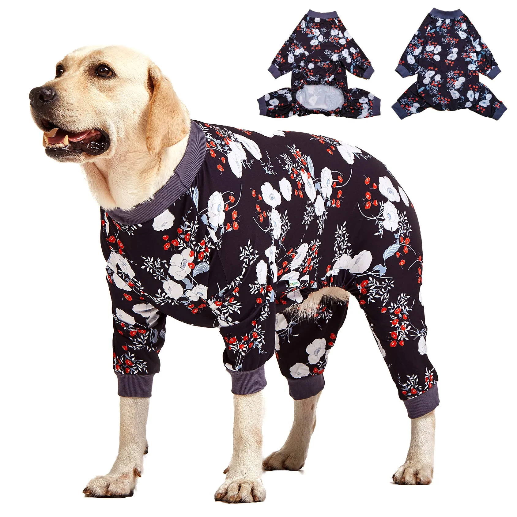 Clean LovinPet Large Dog Pajamas – Anti-Licking Recovery Onesie for Medium Big Breeds Bouquets Black Print Size L Solid