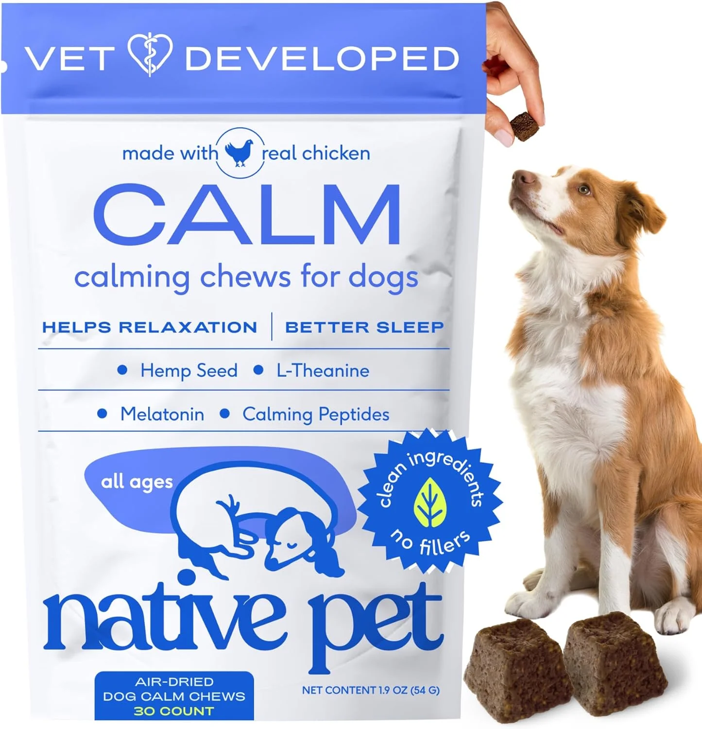 Versatile Native Pet Calming Chews for Dogs - Melatonin for Dogs Anxiety Relief - Grain All Natural Hemp Calming Treats L-Theanine Helps Manage Stress Separation Anxiety - Puppy Sleep Aid - 30 Chews Secure