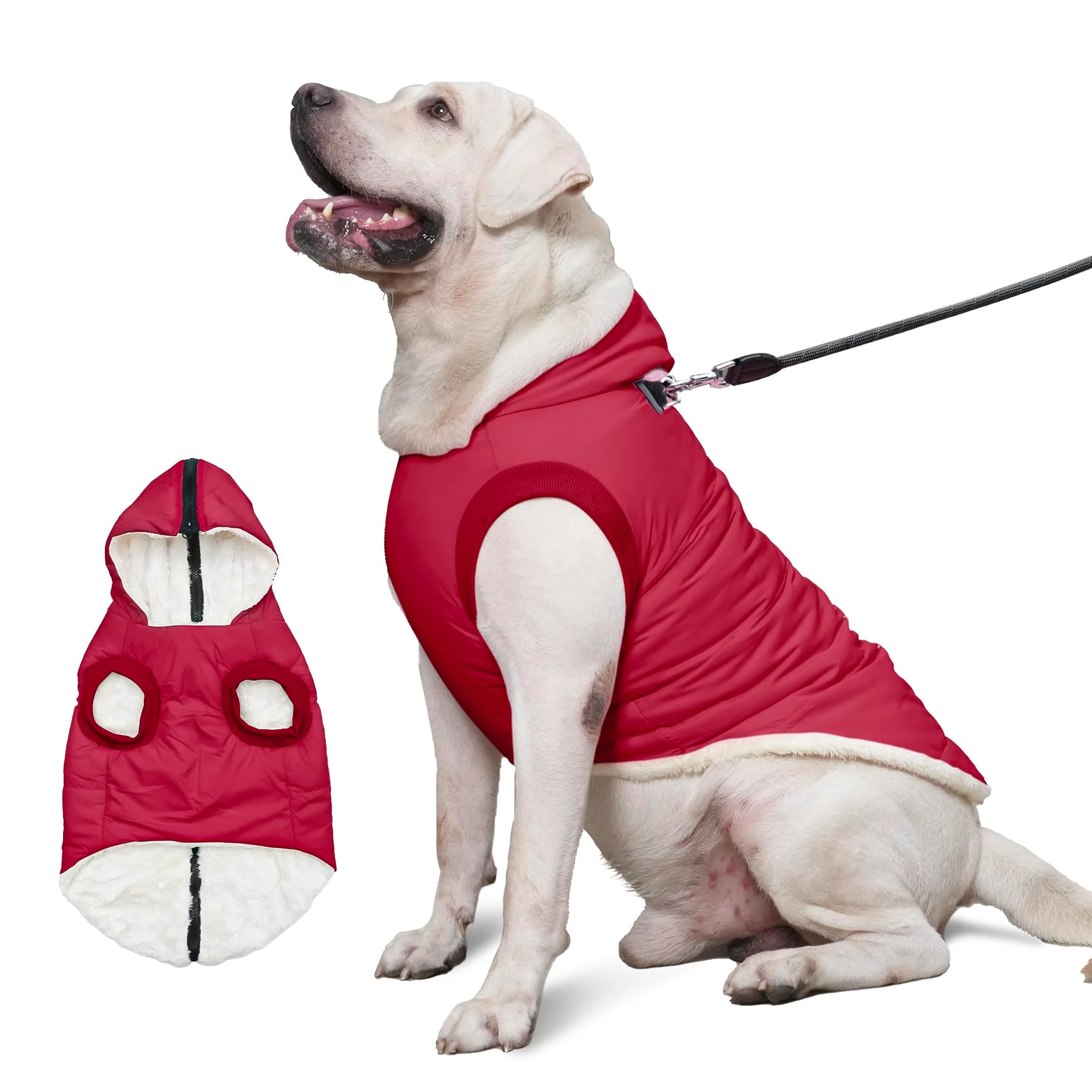 Elegant Vecomfy Fleece Lining Dog Hoodie with Built-In Harness – Red XXXL Extra Warm Winter Coat Breathable