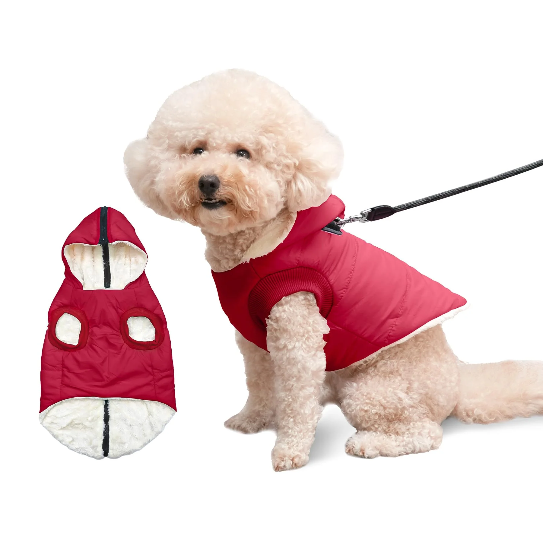 Durable Vecomfy Fleece Lining Dog Hoodie with Built-In Harness – Extra Warm Winter Coat for Small Dogs Red M Soft
