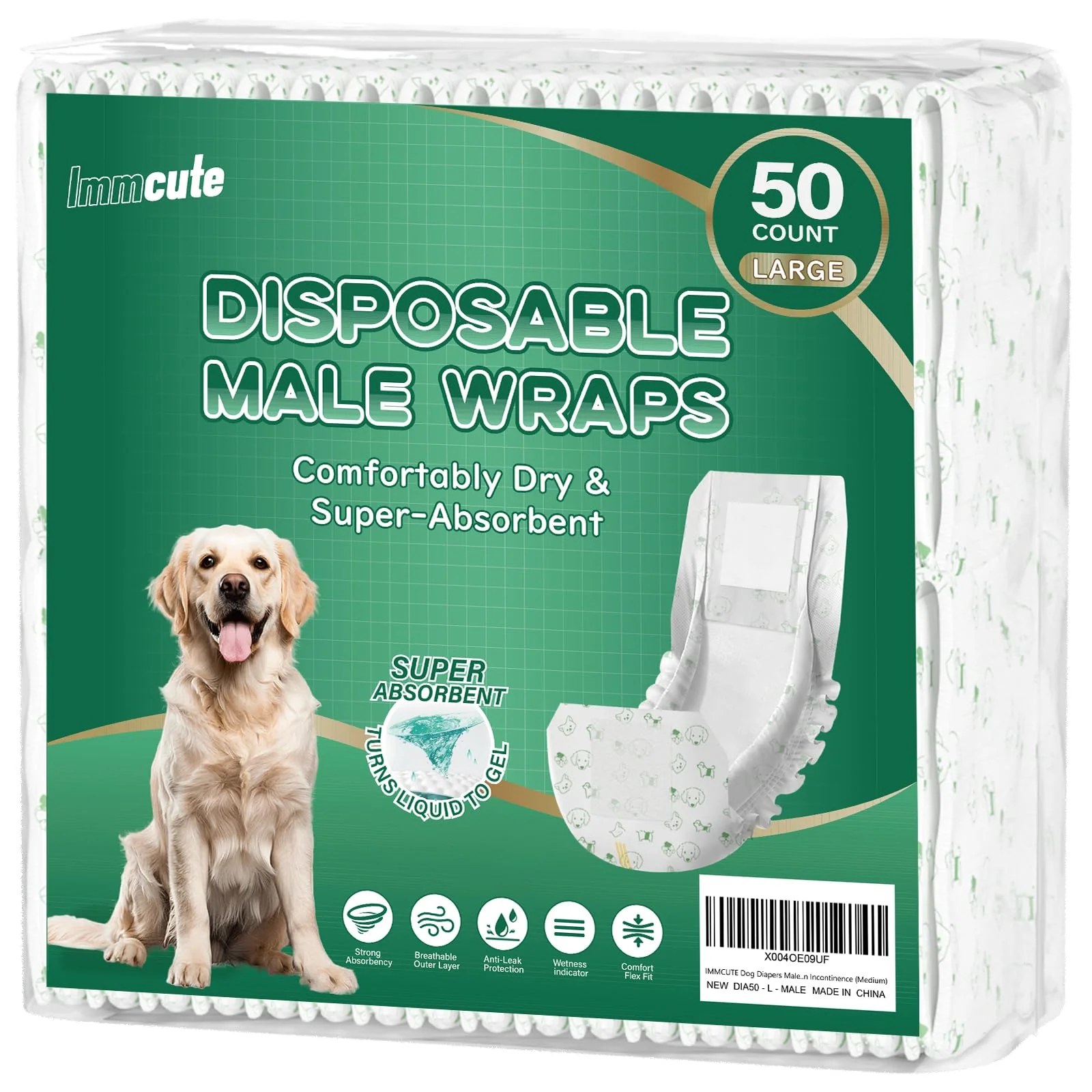 Superior IMMCUTE Large Dog Diapers Male – 50 Ct Extra-Wide Wraps Breathable Cotton Ultra-Absorbent Clean