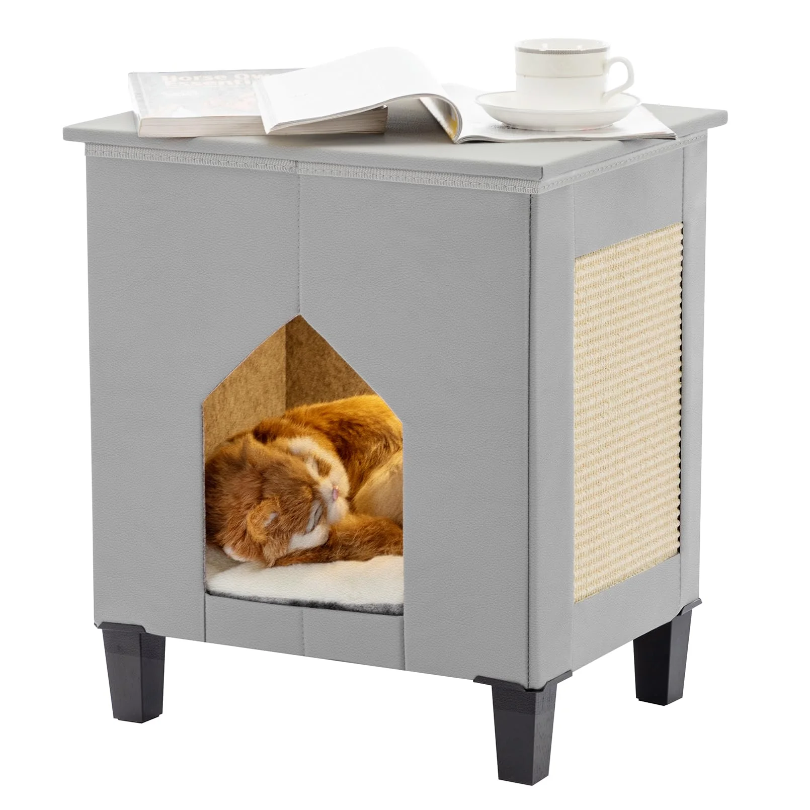 Convenient NUROMY Cat House with Large Scratch Pad Leather Side Table Nightstand Grey Contemporary