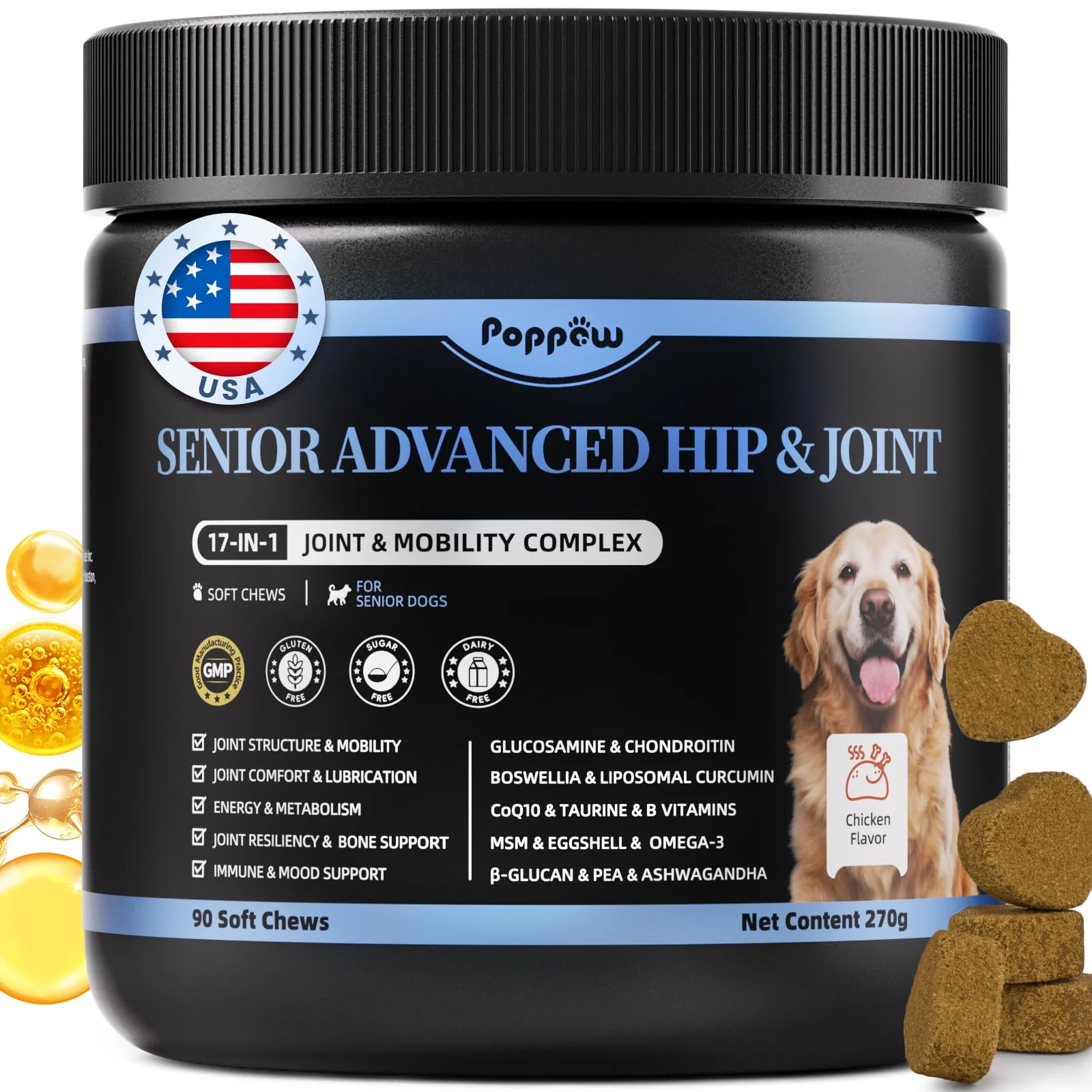 Exceptional POPPAW Senior 17-in-1 Joint Supplement for Dogs — Mobility Support 90 Count Fine