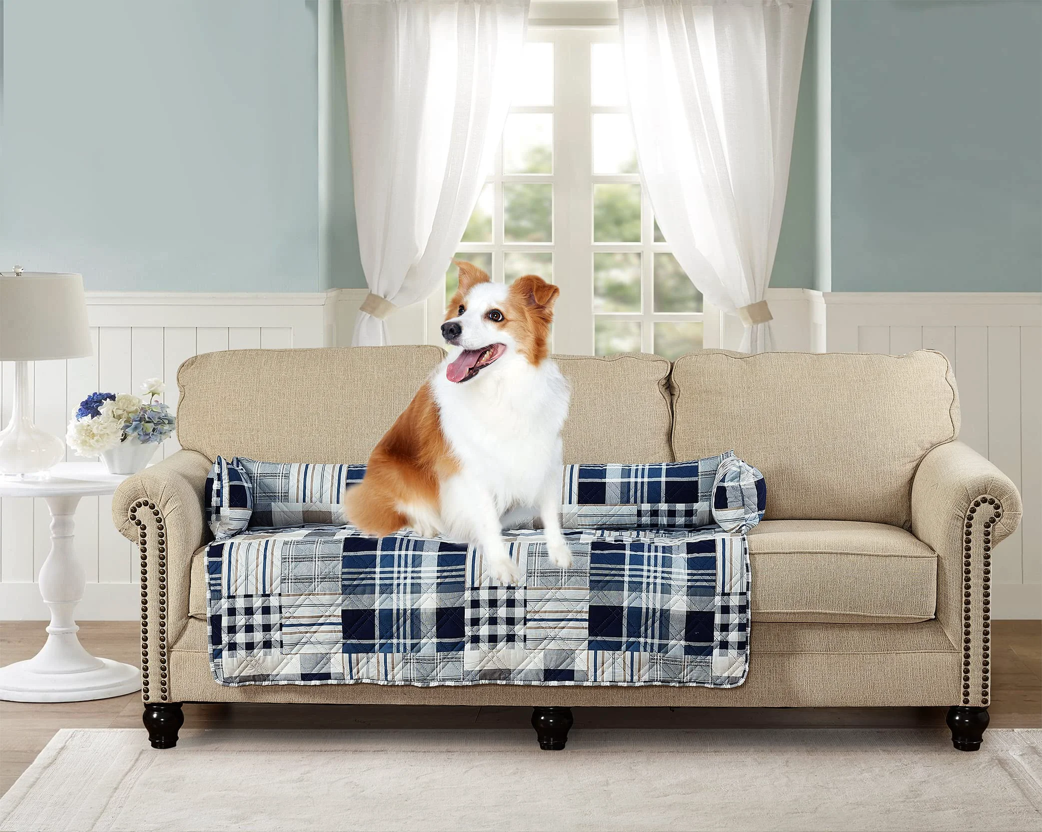Pure Brilliant Sunshine Quilted Calming Dog Bed Mat – Extra Large Blue Plaid Patchwork Classic