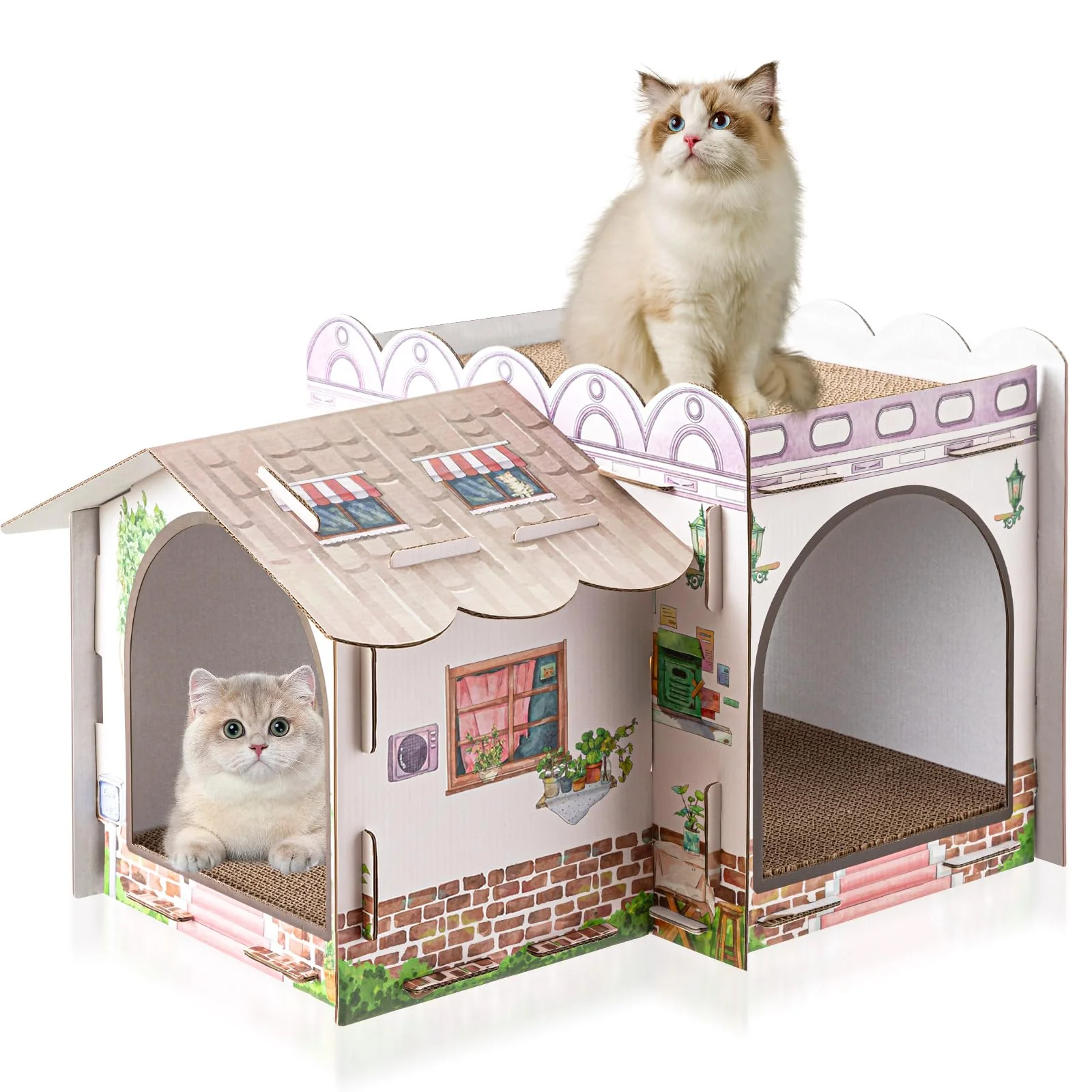 Smart Lineshading 2-Story Cardboard Cat House with Scratcher Pad – Multi-Level Pet Condo Certified