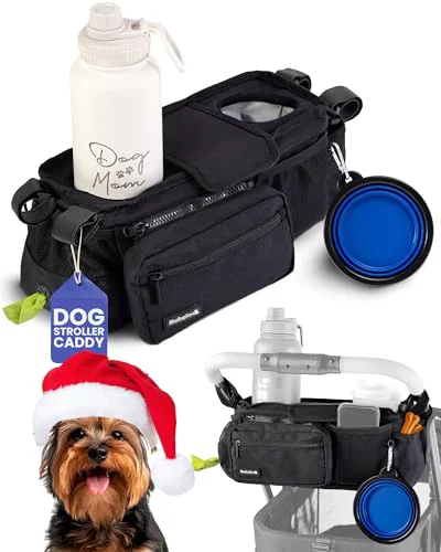Original rubyloo Dog Stroller Caddy Organizer — Non-Slip Insulated Cup Holders Poop Bag Dispenser Professional