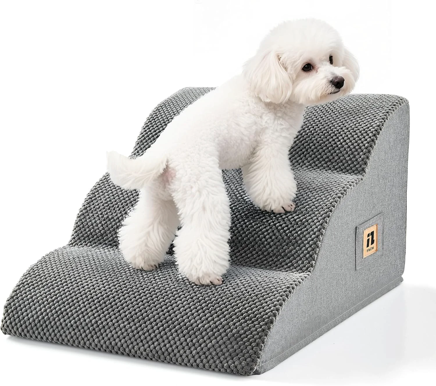 Unique IFNOW Dog Stairs for Small Dogs and Cats 11.8 H 3-Step Sturdy Dog Steps for Couch Sofa or Chair High-Density Foam Pet Stairs for Puppy Older Cats Non-Slip Curved Pet Ramp Indoor Grey Authentic