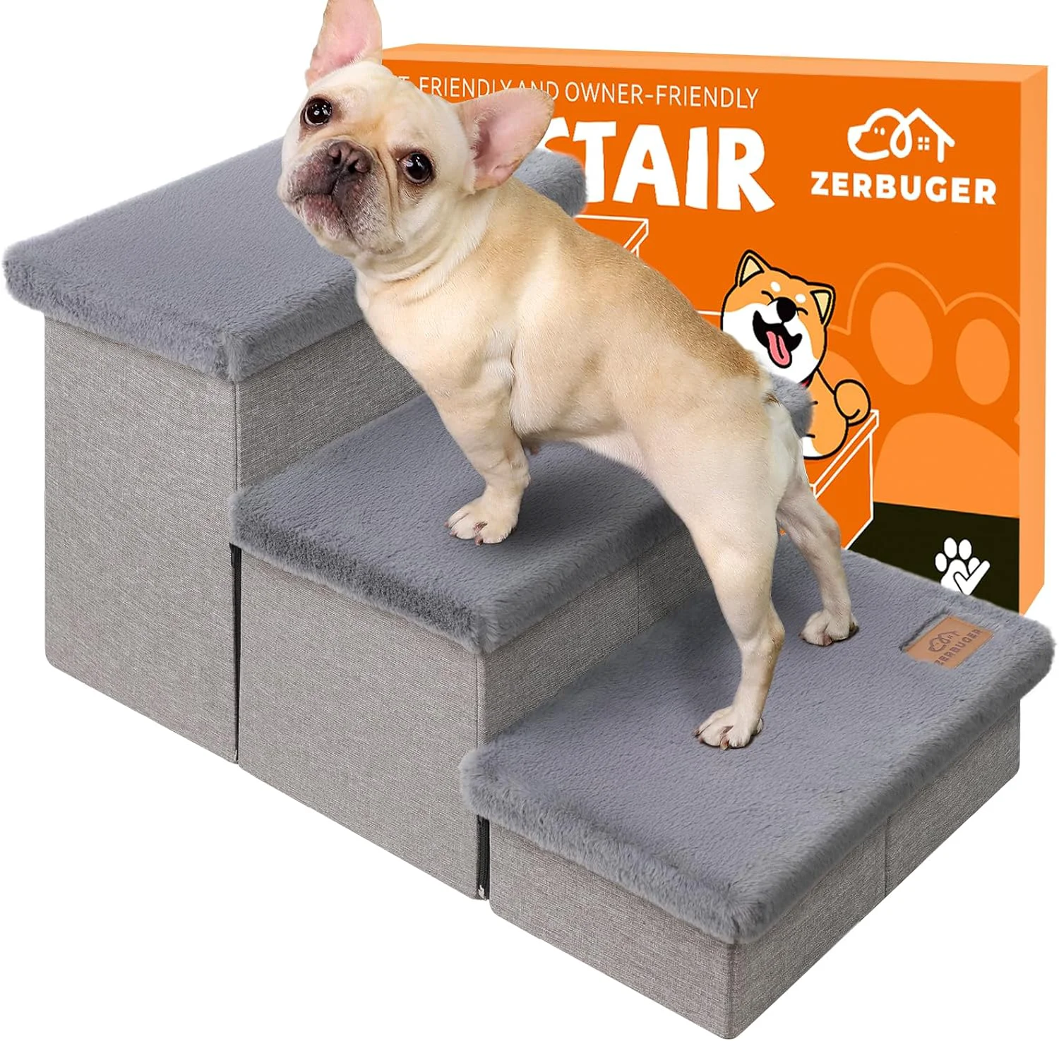 High-Quality Dog Stairs with Furry Lids 18 H 3-Step Wider Dog Steps with Storage for Small Medium Large Old Dogs Cats Folding Sturdy Pet Stairs Climbing Bed Couch Ramp for Car Hold Up to 200 lbs Grey Consistent