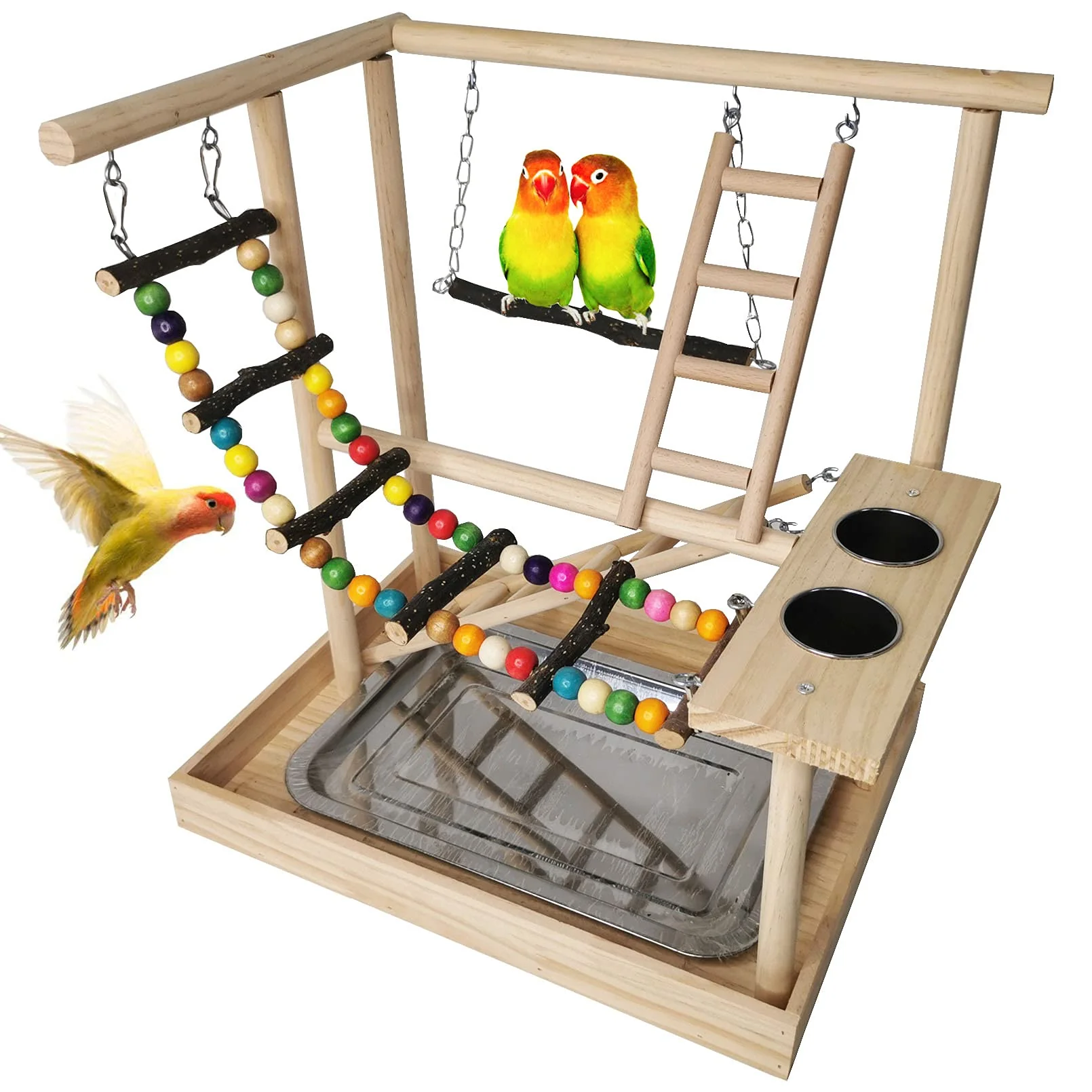 Certified Hamiledyi Parrots Playground – Wooden Bird Play Gym with Perch Ladders Tray Premium Material