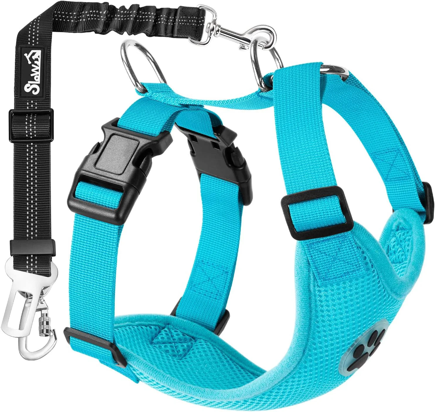 Trendy SlowTon Dog Seat Belt Harness for Car Dog Car Harness Adjustable Mesh Breathable Dog Seatbelt Safety Tether with Elastic Bungee for Small Medium Large Pets Light Blue Double Clip L Certified