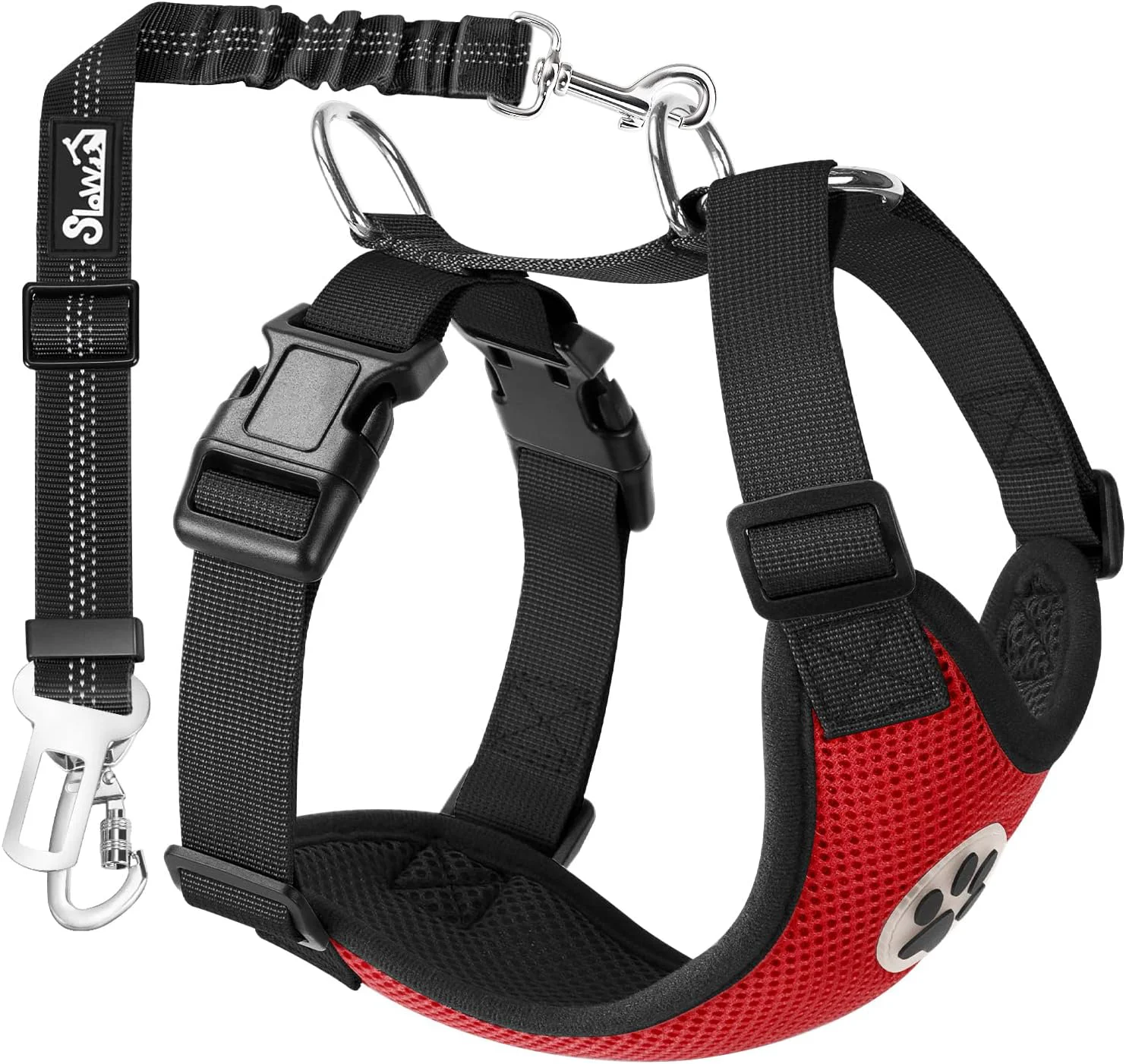 Durable SlowTon Dog Seat Belt Harness for Car Dog Car Harness Adjustable Mesh Breathable Dog Seatbelt Safety Tether with Elastic Bungee for Small Medium Large Pets Red Double Clip L Selected