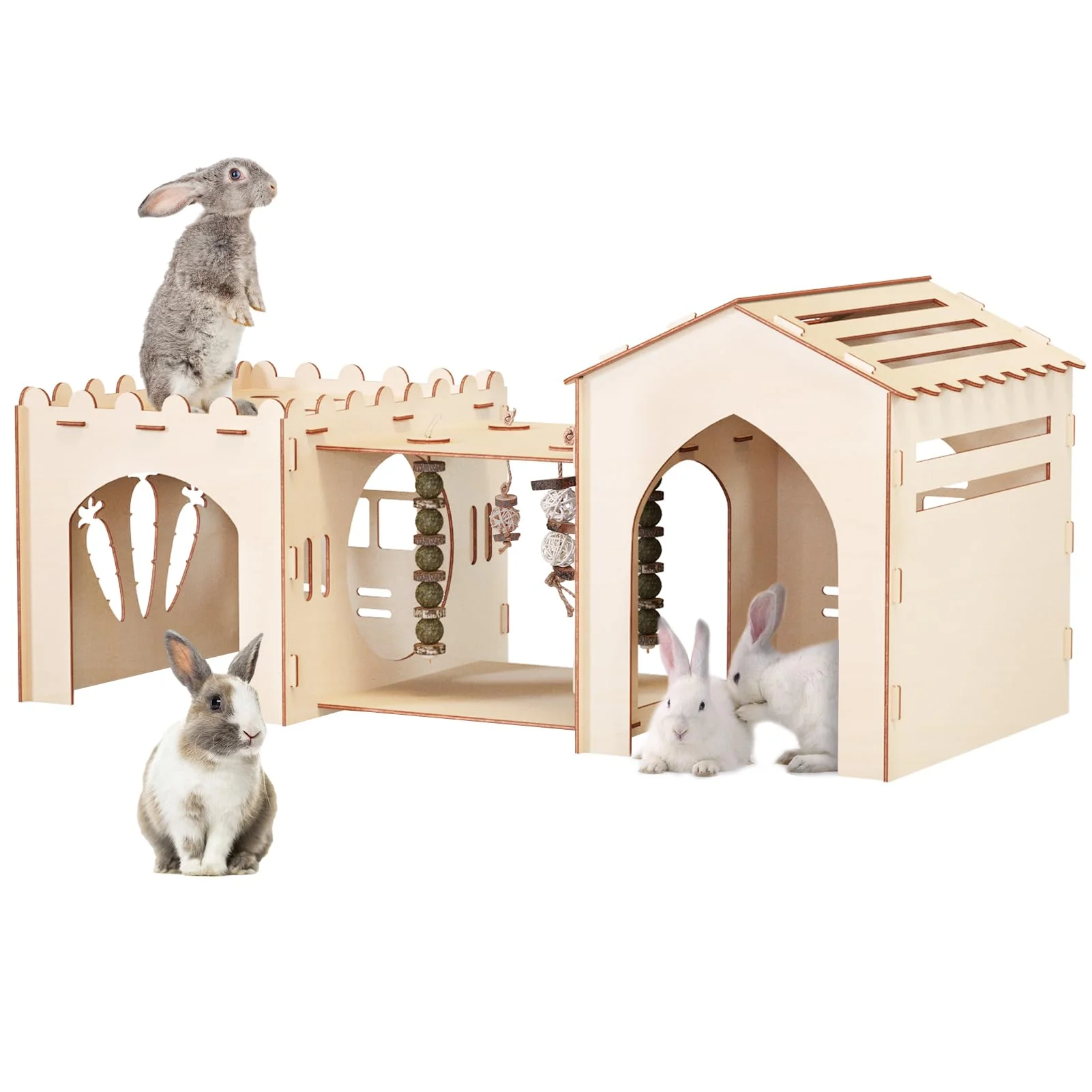 Safe Woiworco Extra Large Rabbit Castle – 3-House Wooden Bunny Hutch Premium