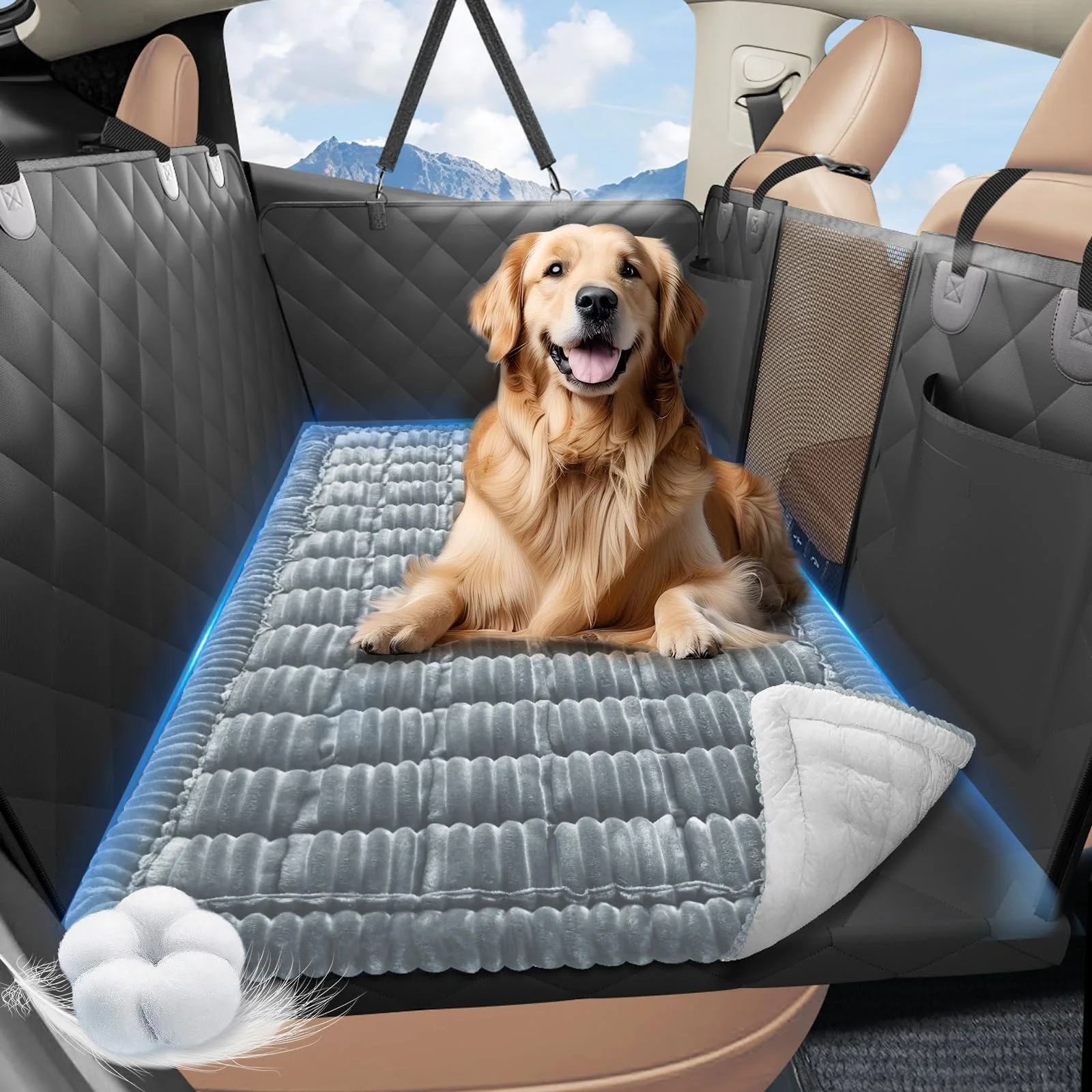Solid ROUWINNE Backseat Dog Bed – Non-Slip 51 x 23.5 Car Seat Bed in Light Grey World-Class