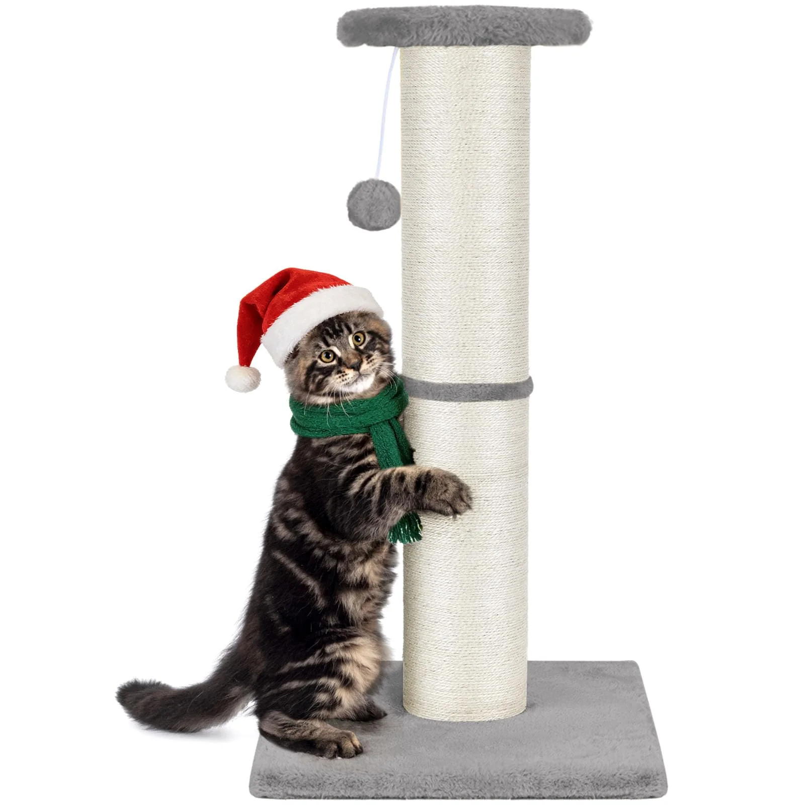 Eco-Friendly PAWSCRAT Cat Scratching Post 32 Inches Tall – Natural Sisal Dangling Ball Light Grey High-Grade