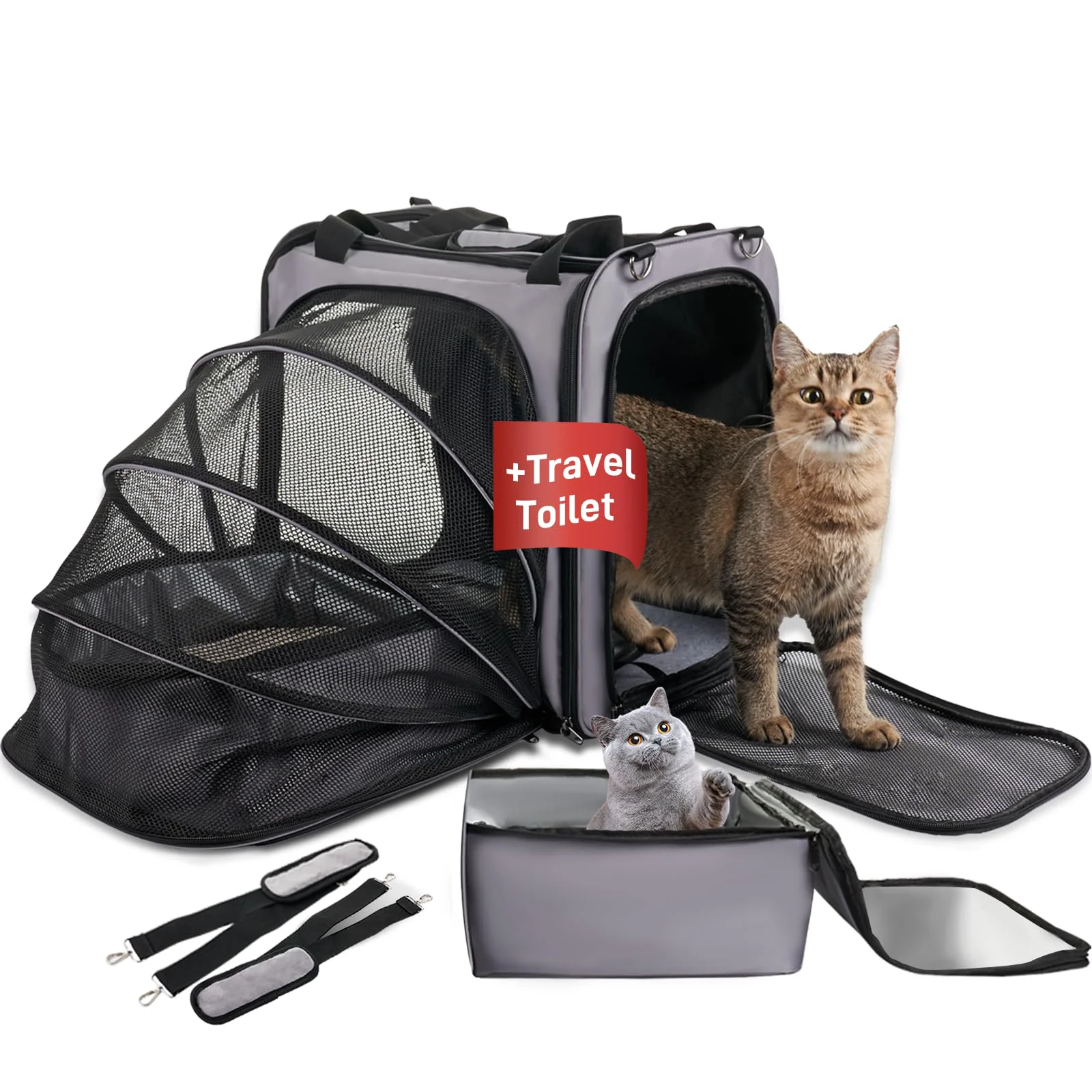Relaxed LitaiL Cat Carrier with Litter Box Expandable Leak-Proof 20 lb Capacity for Car Travel Powerful