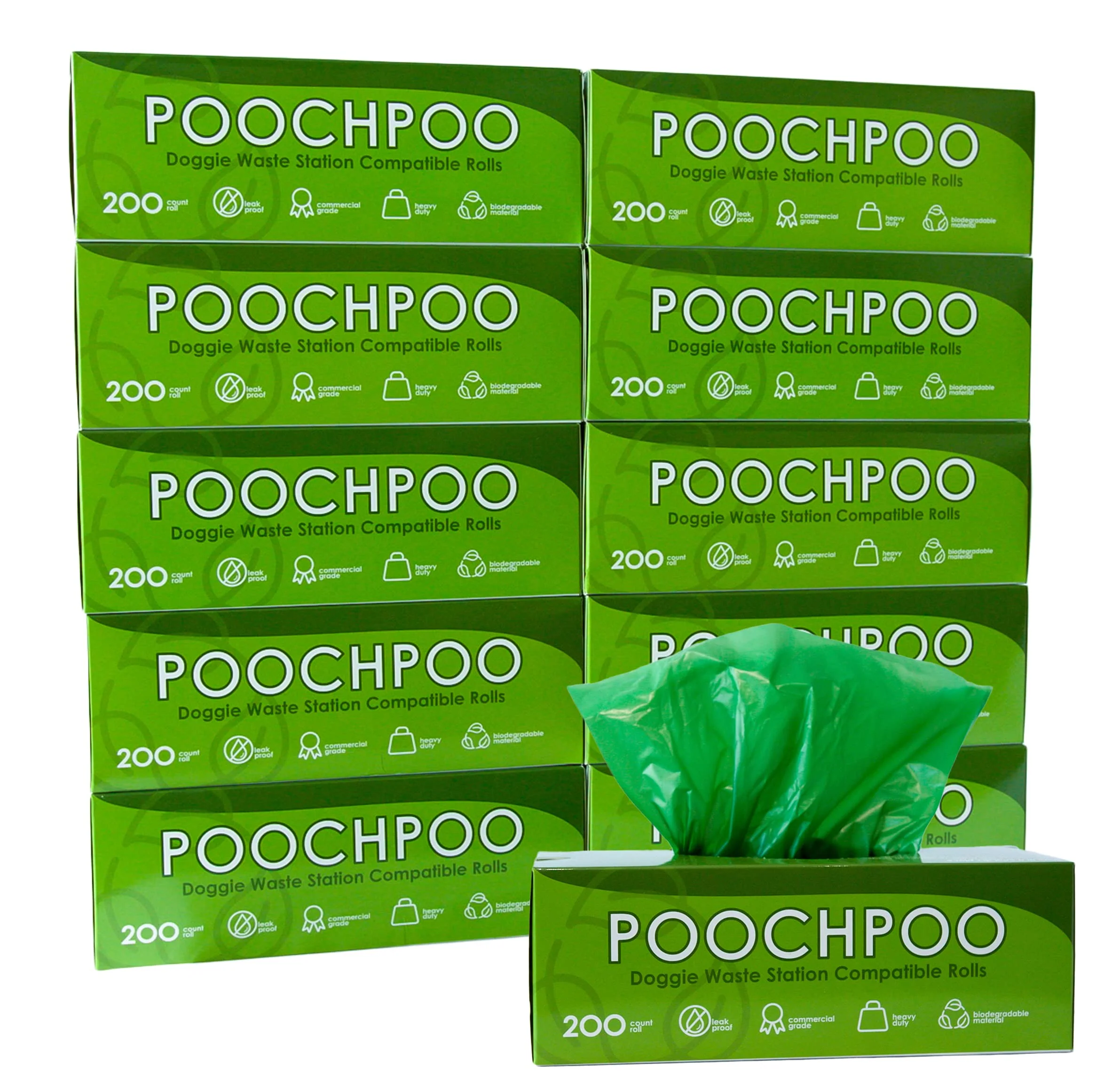 Sophisticated POOCHPOO Case of 2000 Eco-Green Pet Waste Bags for Stations 10 Rolls Bulk Premium