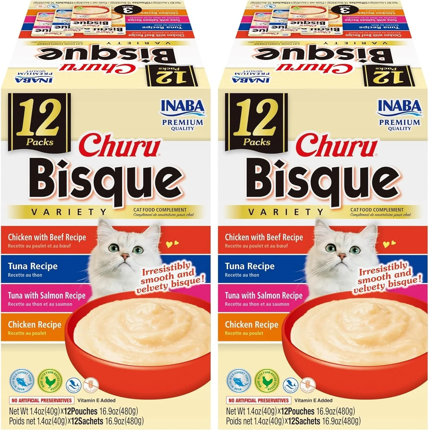 Elite INABA Churu Bisque for Cats – Creamy Purée Side Dish with Vitamin E Tuna Chicken 24 Pouches High-End