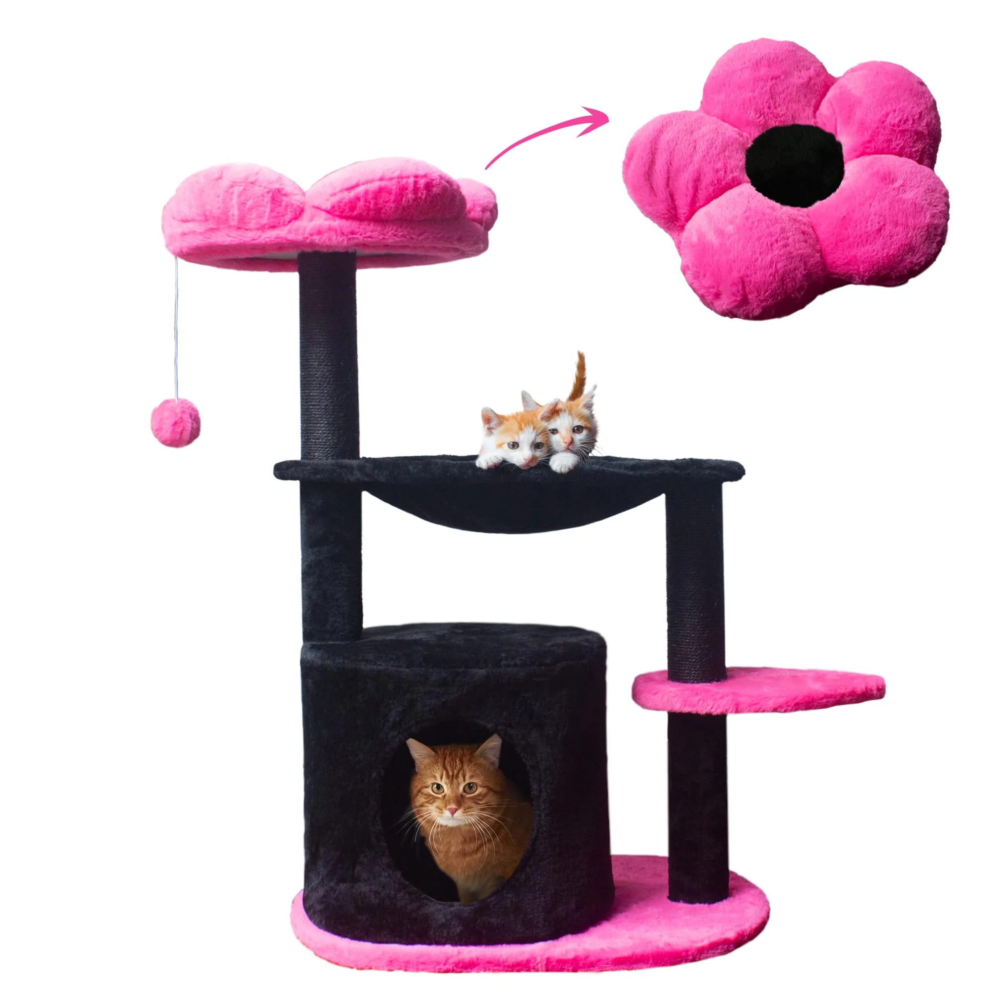 Long-Lasting Fantasreen Cat Tree 33-inch Black Pink Flower Cat Tower – Indoor Cat Condo Scratching Post Traditional