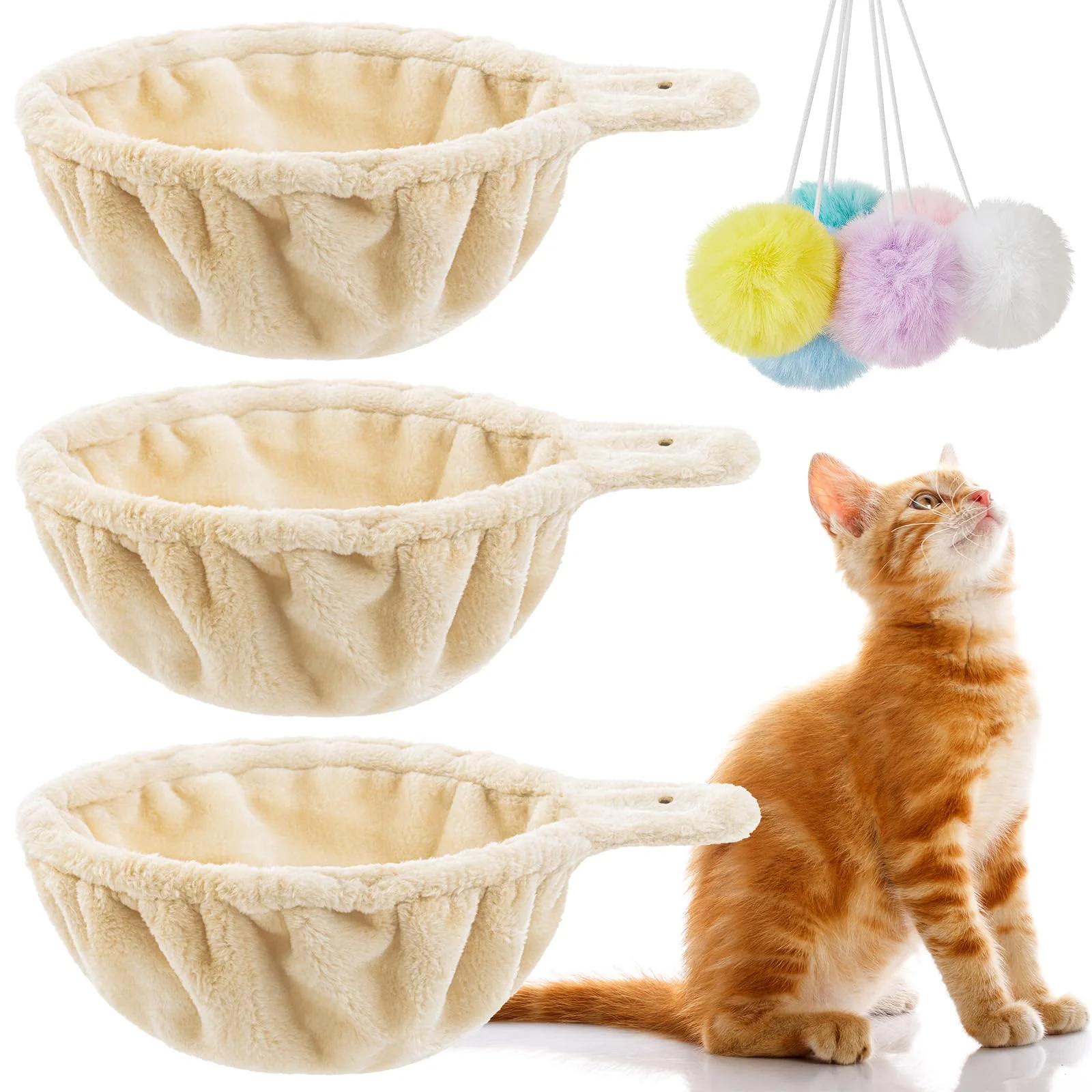 Powerful Dansydaisy 3 Pack 14.6-inch Large Cat Tree Hammock Bed Beige – 3-Pack with Pom Pom Toys Elegant
