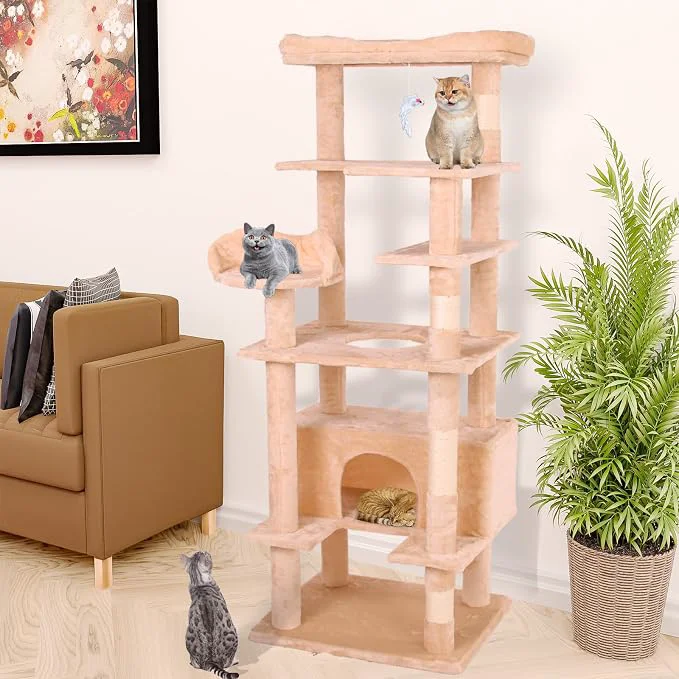 Classic 71'' Velvet Cat Climbing Frame Large Top Padded Perch and Playhouse Natural
