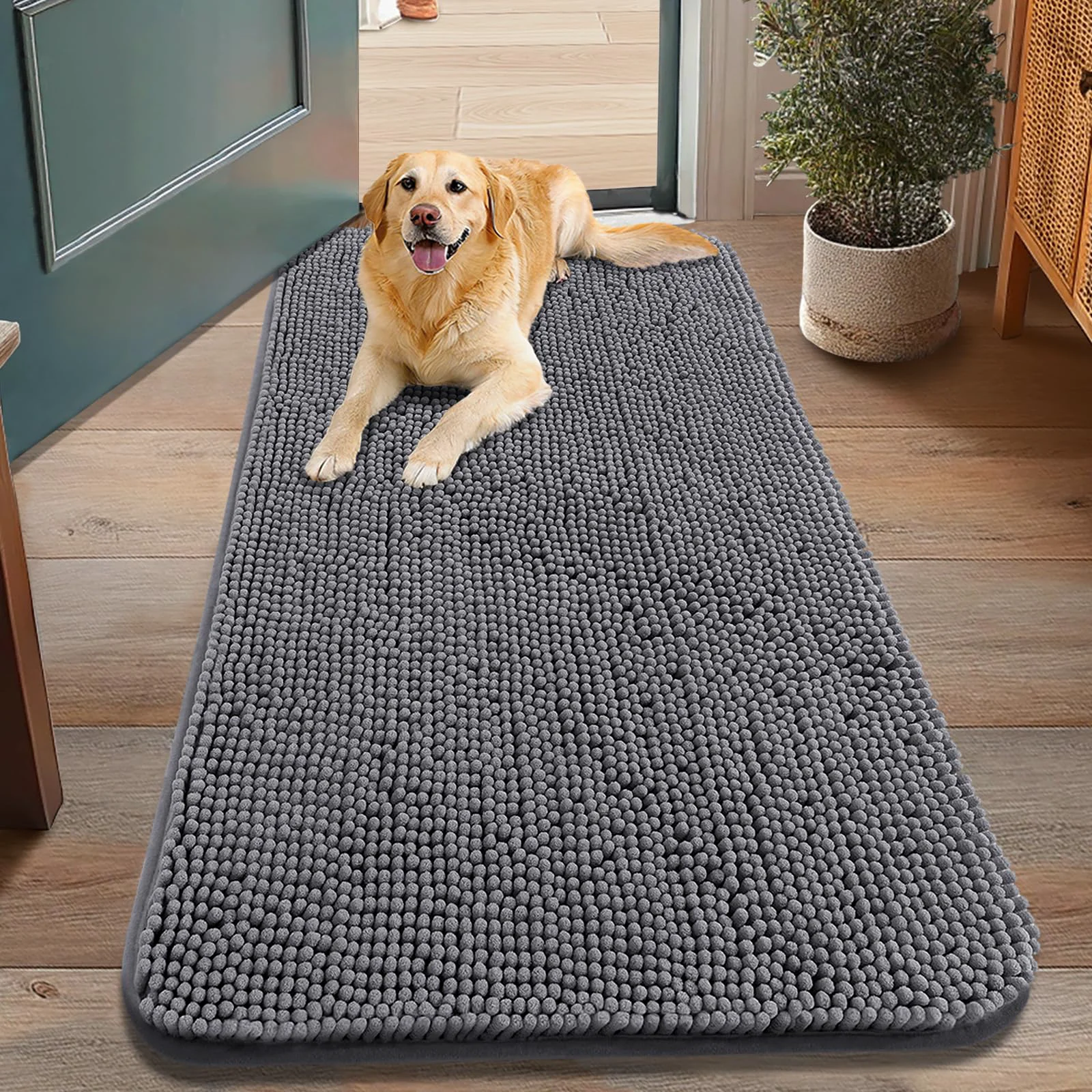 Pure Smiry Dog Door Mat 48x30 – Absorbs Moisture Dirt Non-Slip Chenille Indoor Mat Dark Grey Fast