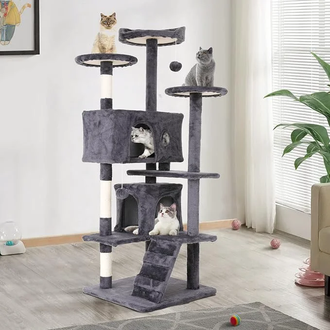 Quality Heavy Duty Cat Tree Tower Cat Condo Hanging Ball Light Grey Fine Crafted
