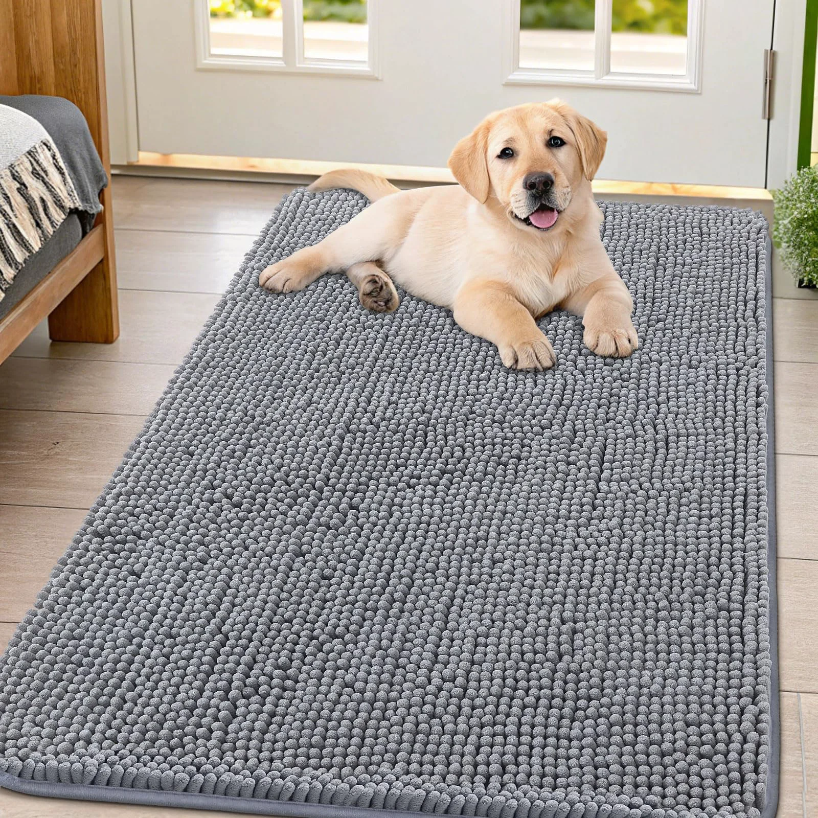 Proven Smiry Dog Door Mat 47x32 – Absorbs Moisture and Dirt Non-Slip Chenille Entryway Rug Grey Professional