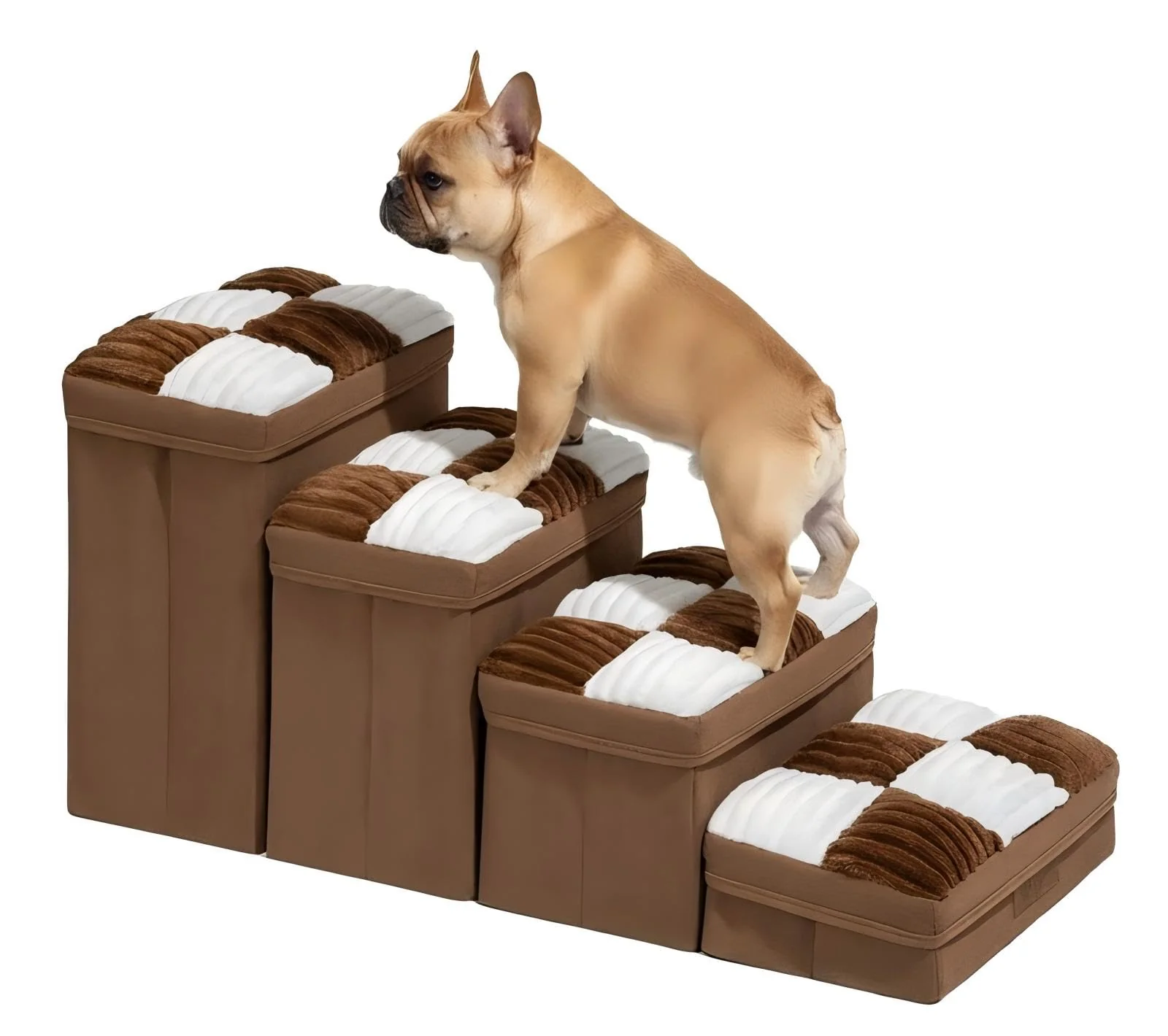 Smooth FUNNY FUZZY Dog Stairs for Small Dogs - 4-Step Chessboard Plaid Hidden Storage Foldable Brown Fashionable