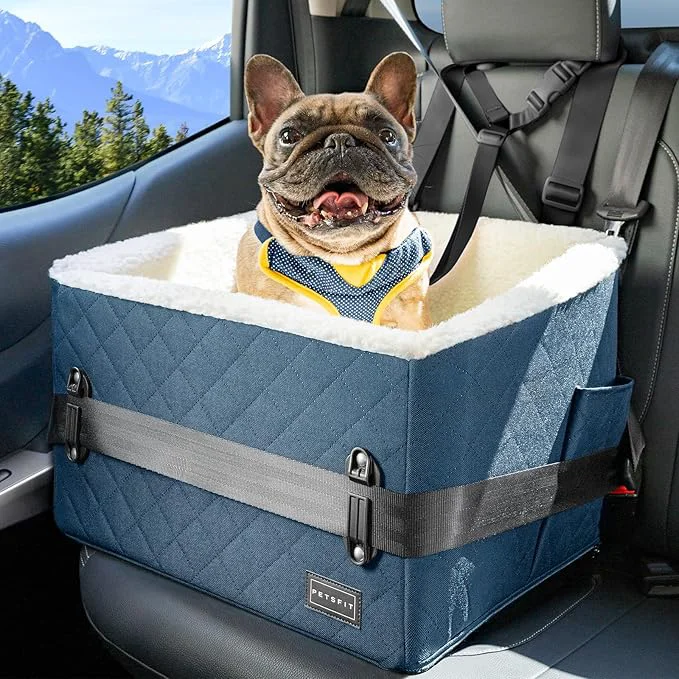 Durable PETSFIT Pet Car Seat for Small Dogs Soft Foam Dog Booster Car Seat with Patented Safety Buckles Storage Pockets and Detachable Clip-On Safety Leash Dog Carseat for Small Dogs Under 30 LBS Blue About ThisOverview Specialty
