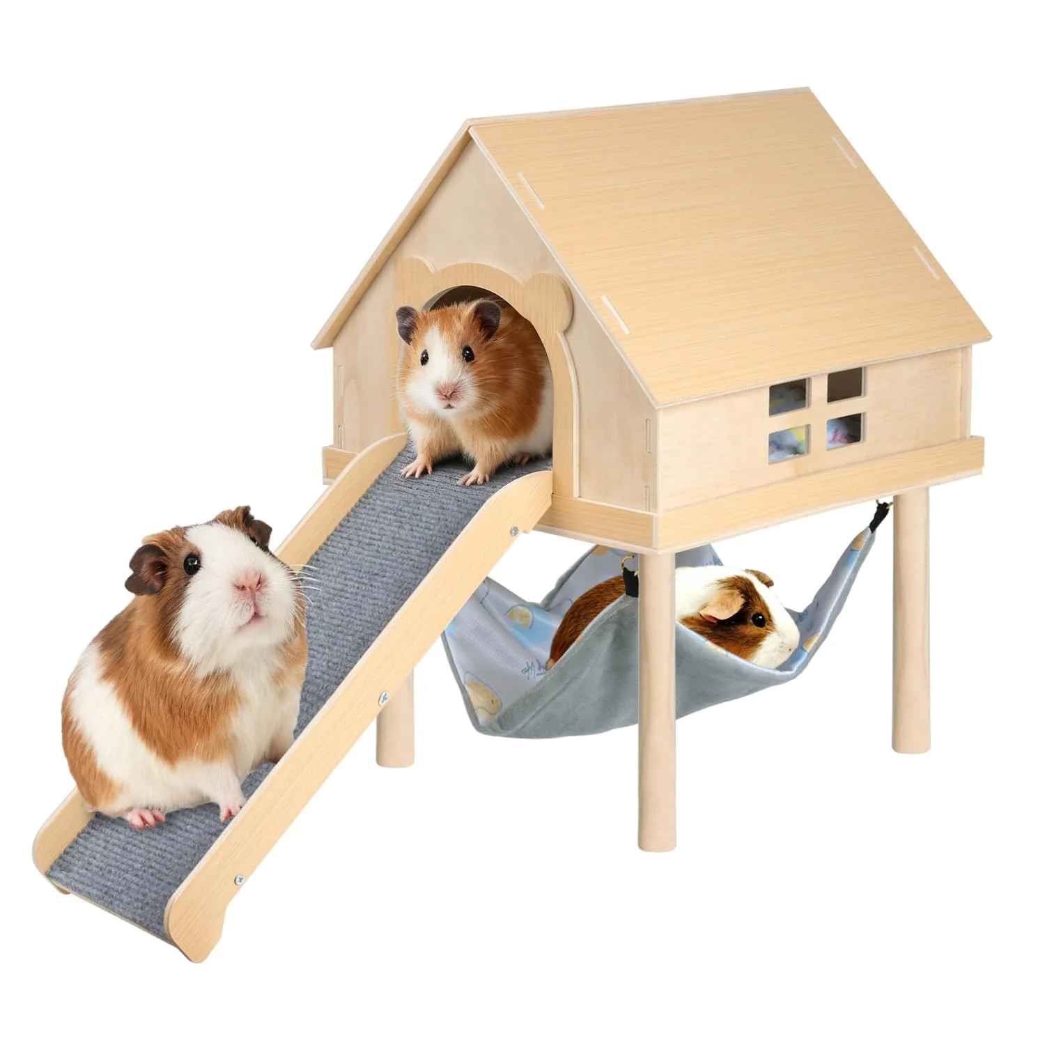 Effective LUCKYBOPAN Guinea Pig Hideout – 3-in-1 Wooden Toy with Stairs Hammock Double-Decker House Sustainable