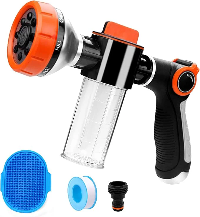 Eco-Friendly Dog Wash Hose Attachment High Pressure Garden Water Hose Nozzle 8 Way Foam Enhanced