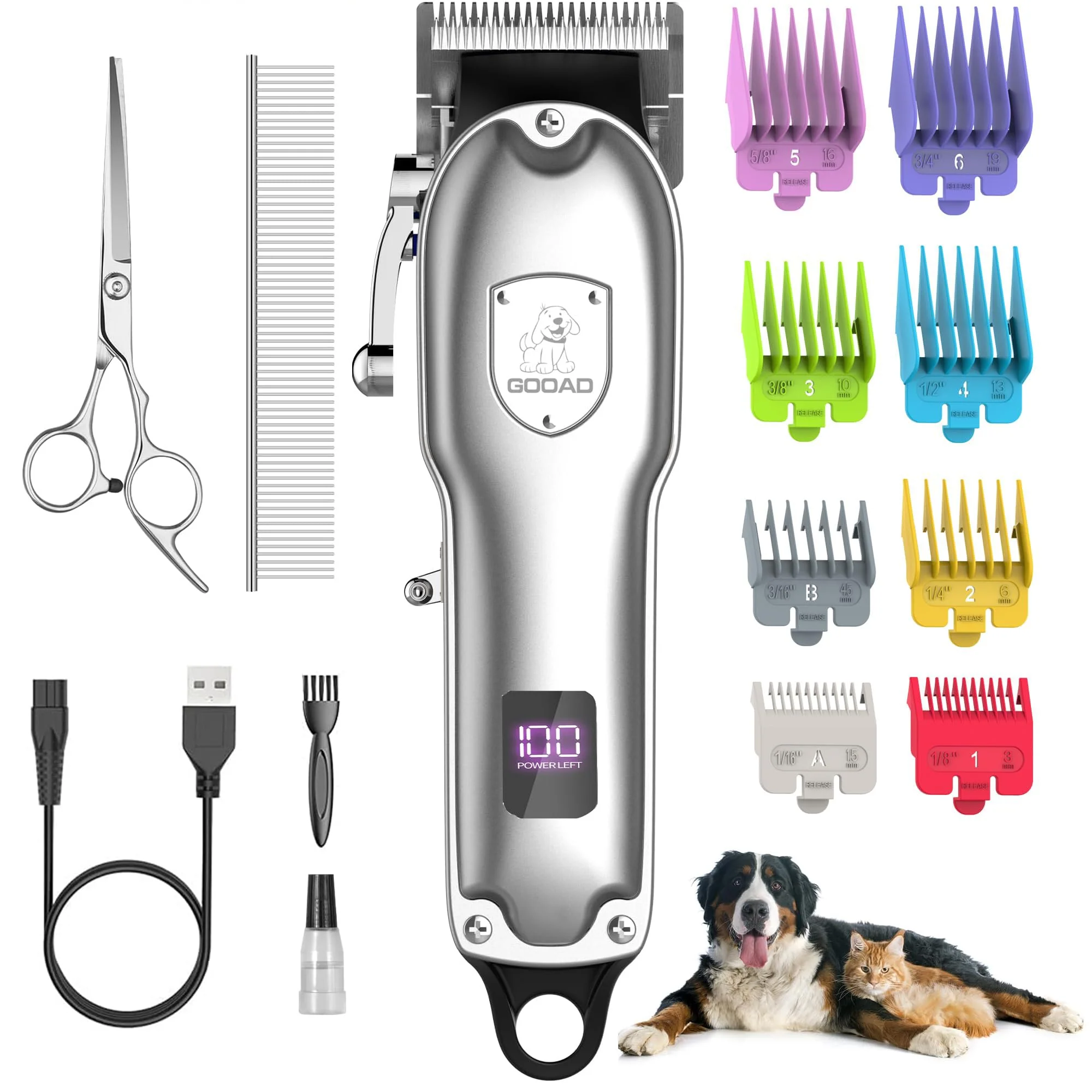 Premium Gooad Dog Clippers for Thick Coats — Low-Noise Cordless Grooming Kit Sliver Eco-Friendly