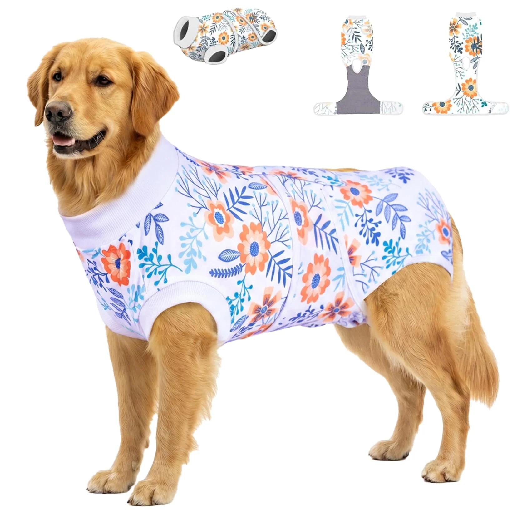 Selected PetWarm Post-Surgery Dog Onesie – Flower Pattern Orange 2XL E-Collar Green