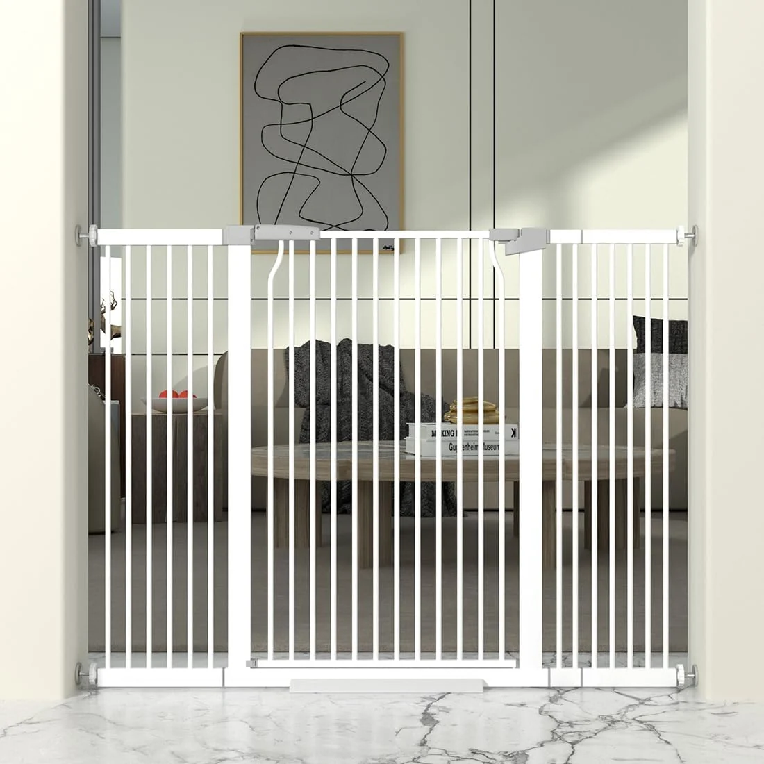 Official 41 Extra Tall Cat Gate for Doorway 49.2-54.7 Metal Pet Baby Safe Gate Extra Wide Pressure Mounted Child Door with Expansion Kit No Drilling No Climb Cat Fence Indoor Tall Dog Gate White Original