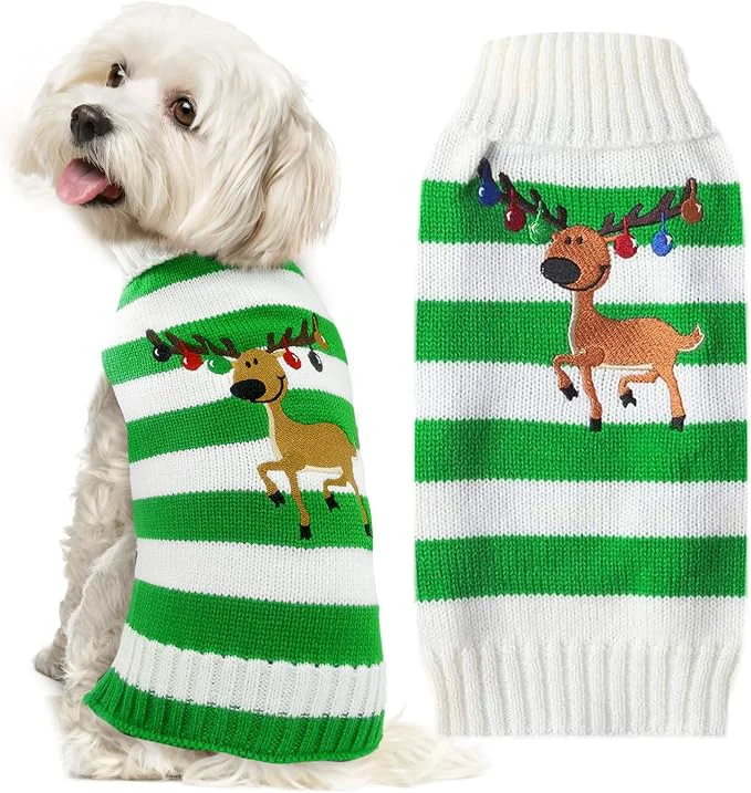 Sustainable Christmas Dog Sweaters Xmas Pet Outfits Striped Elk Costume Holiday Clothes Recyclable