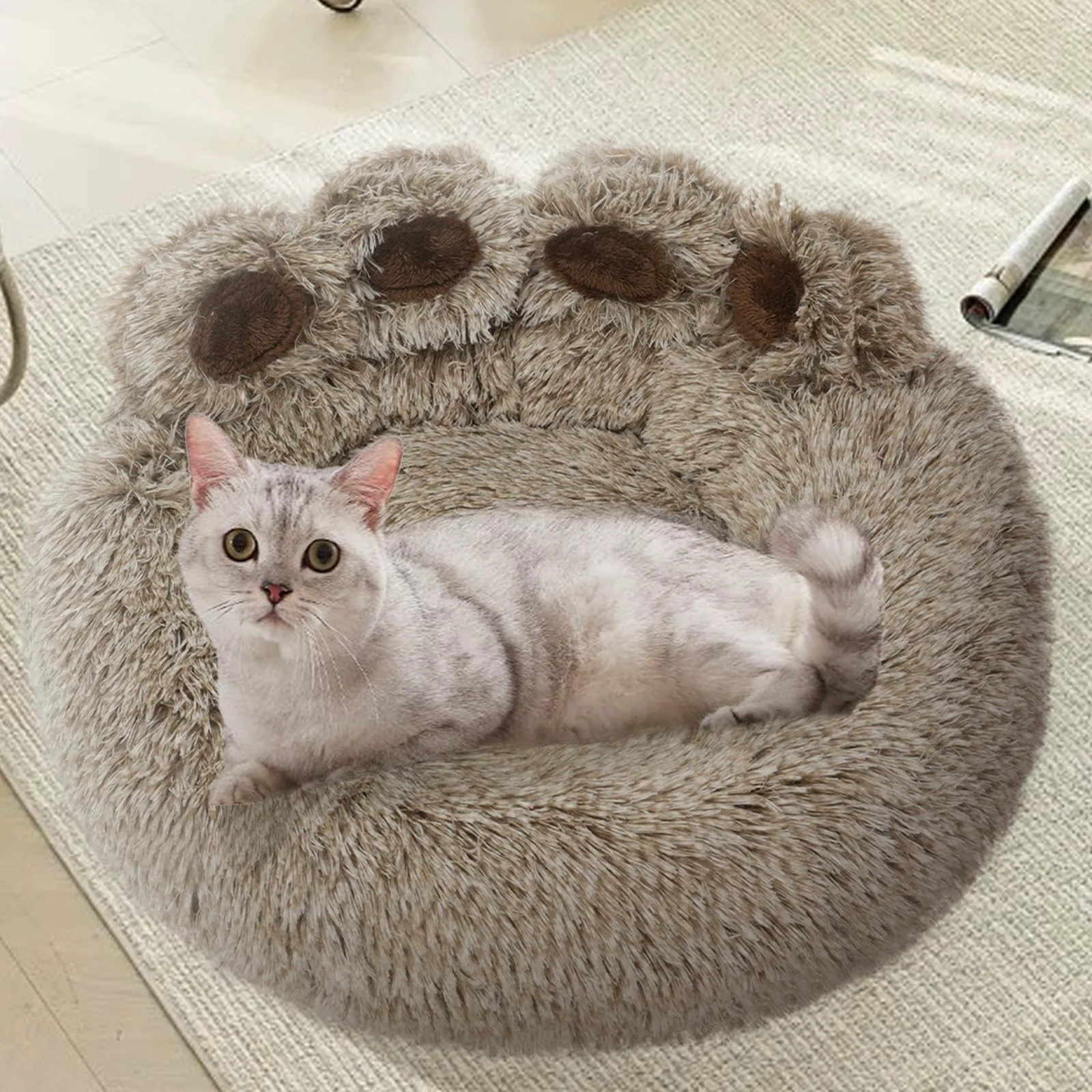 Next-Generation FortuneALL Calming Donut Bed Cat Bed – 23x23 in Plush Faux Fur Anti-Slip Up to 25 lbs Advanced