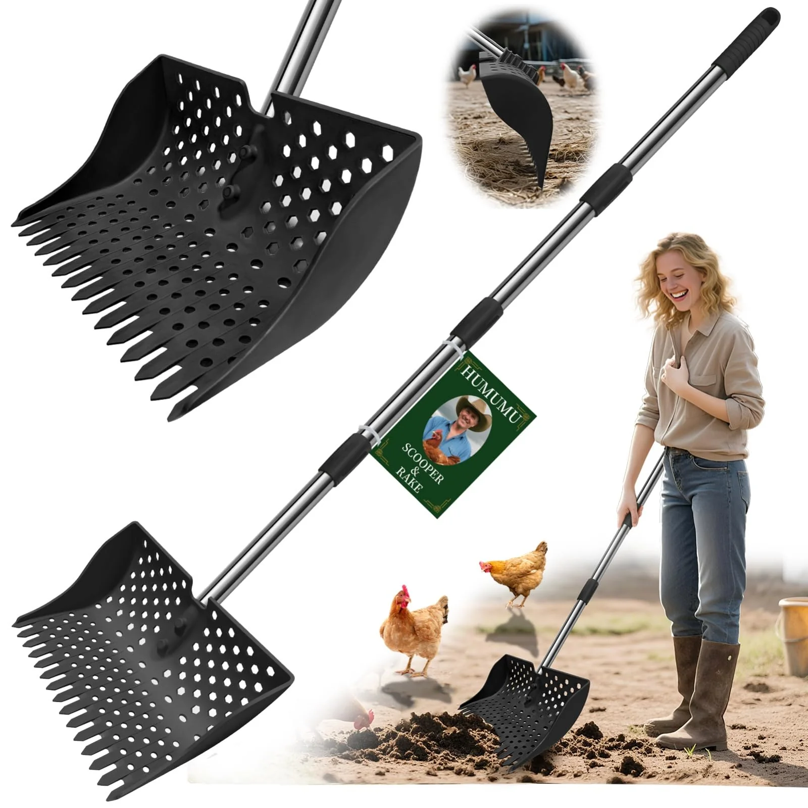 Detailed HUMUMU 12-Inch 2-in-1 Chicken Poop Scooper Rake – Adjustable Handle Stainless Steel Modern