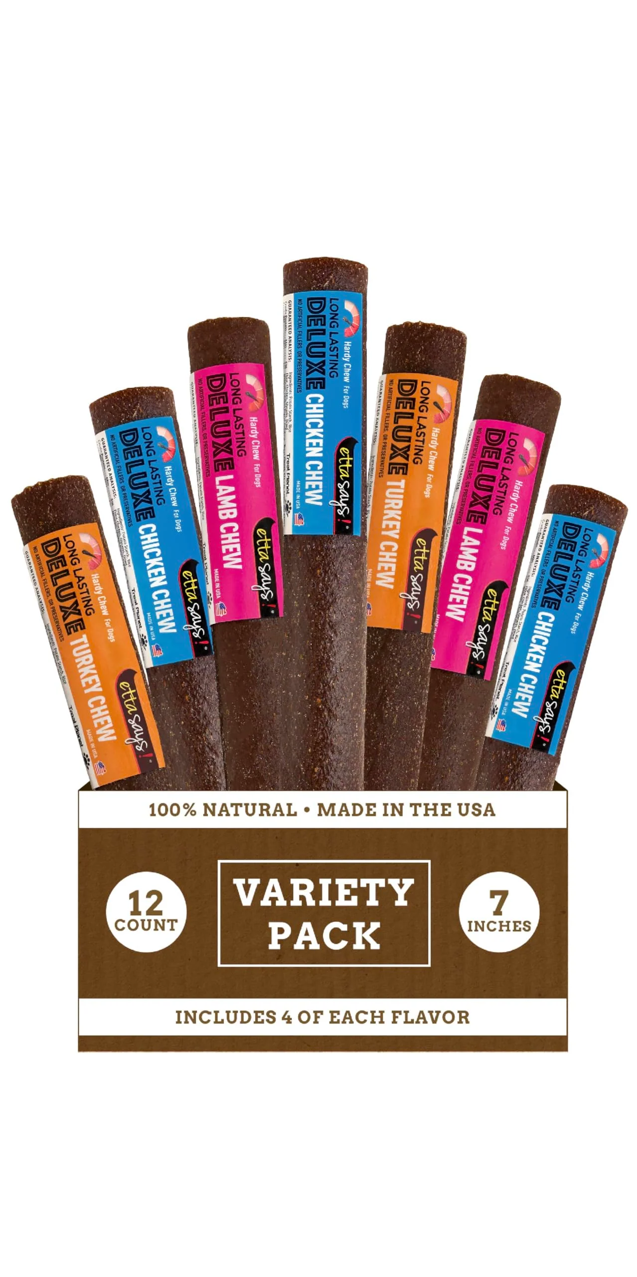Certified etta says Deluxe Crunchy Dog Chews 7-inch Variety – All-Natural Long-Lasting Chews – Made in USA 12 Count High-Quality