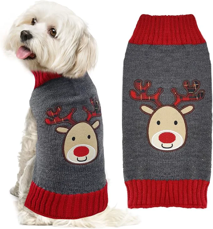 Luxury Dog Christmas Sweater Xmas Pet Clothes Cute Gray Reindeer Holiday Puppy Cat Durable