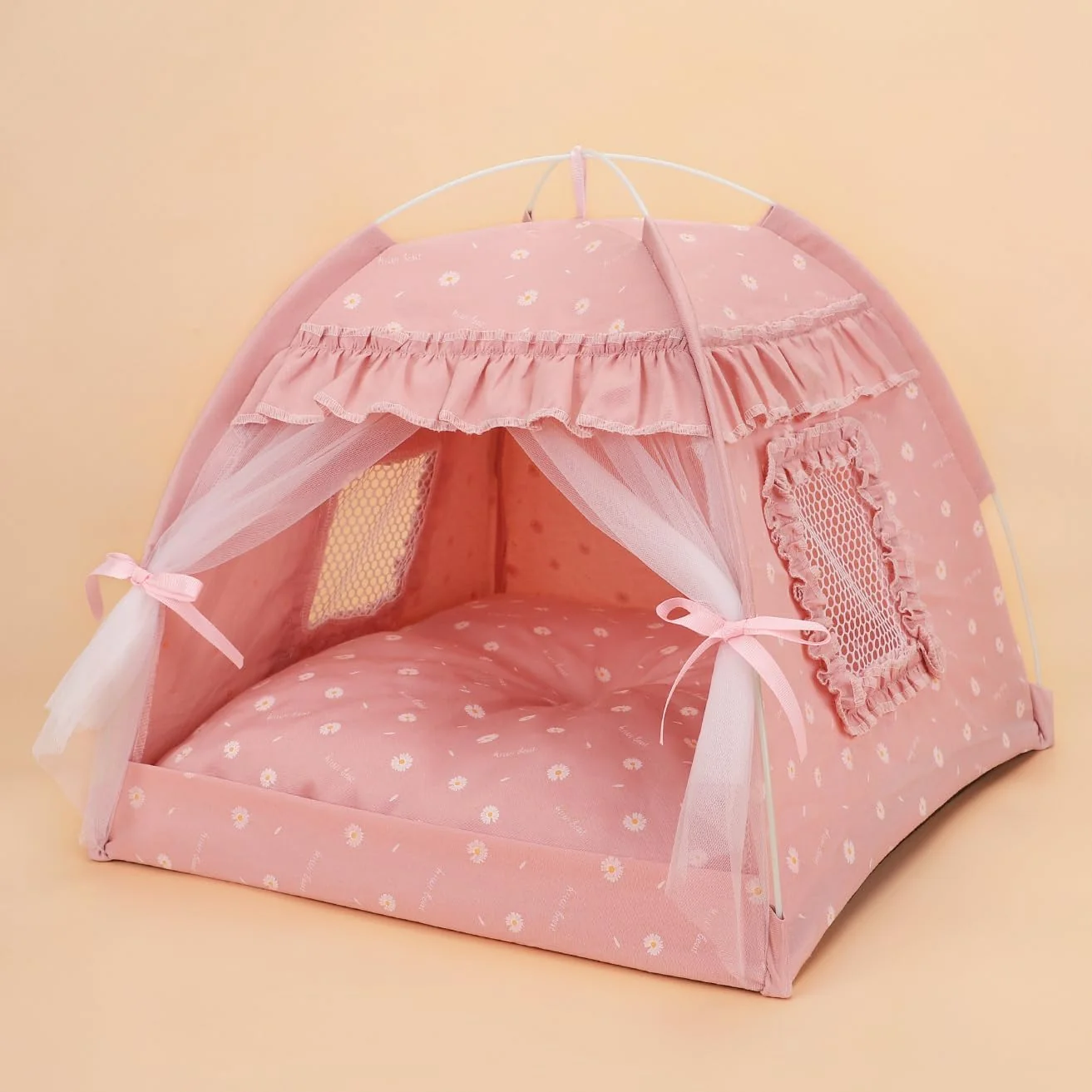 High-Quality Selena Cat Bed Tent – Lace Mesh Nest Medium Pink Portable Indoor Outdoor Pet House Authentic